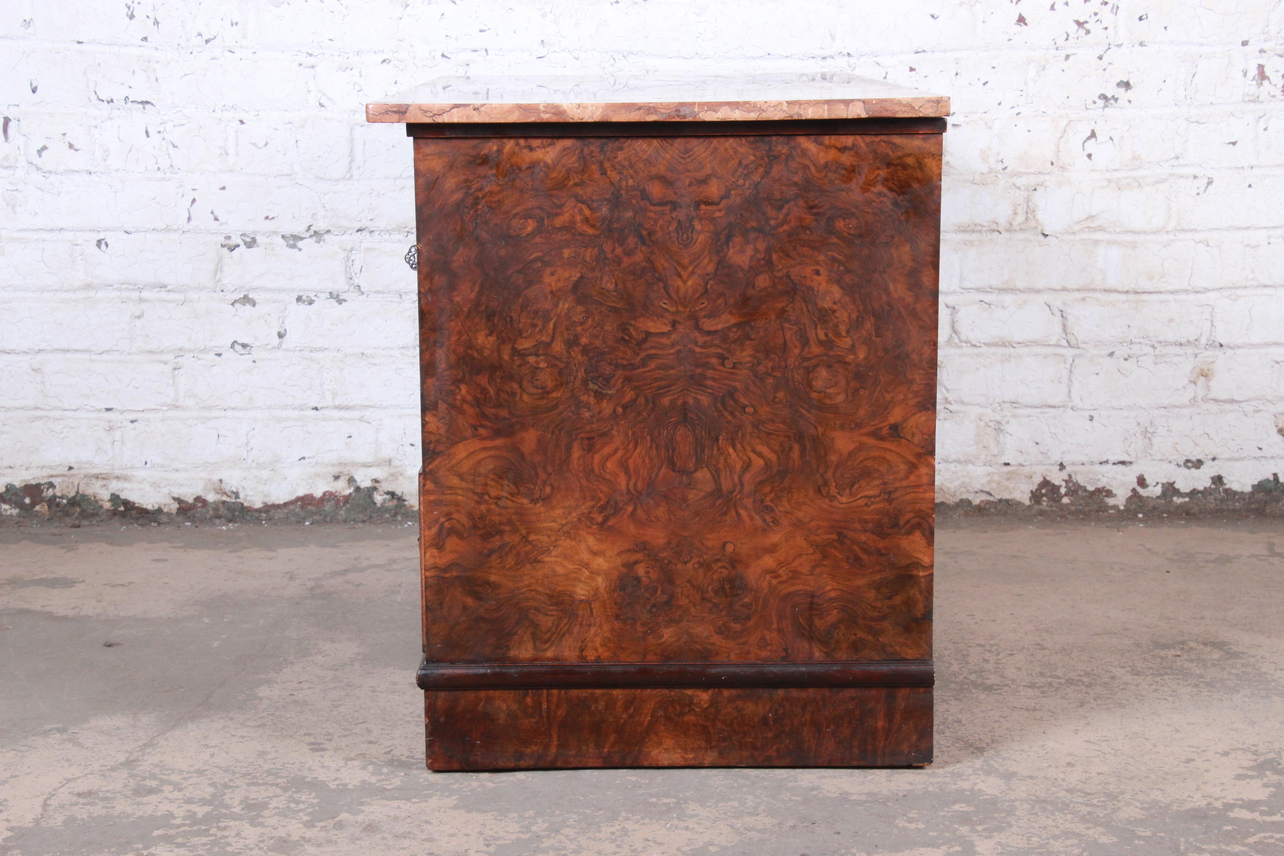 19th Century Burled Walnut Marble Top Commode or Chest of Drawers 9