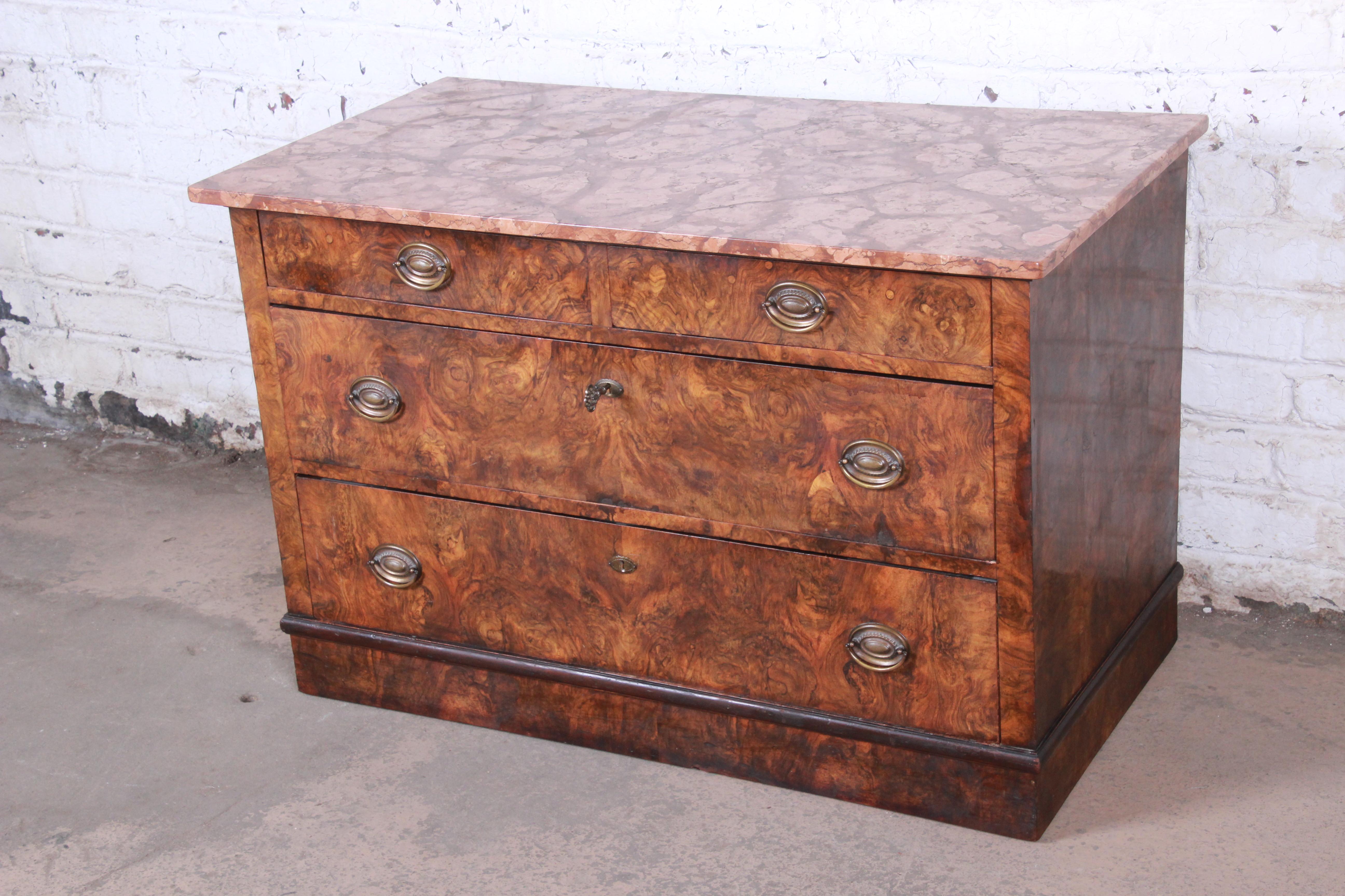 Victorian 19th Century Burled Walnut Marble Top Commode or Chest of Drawers