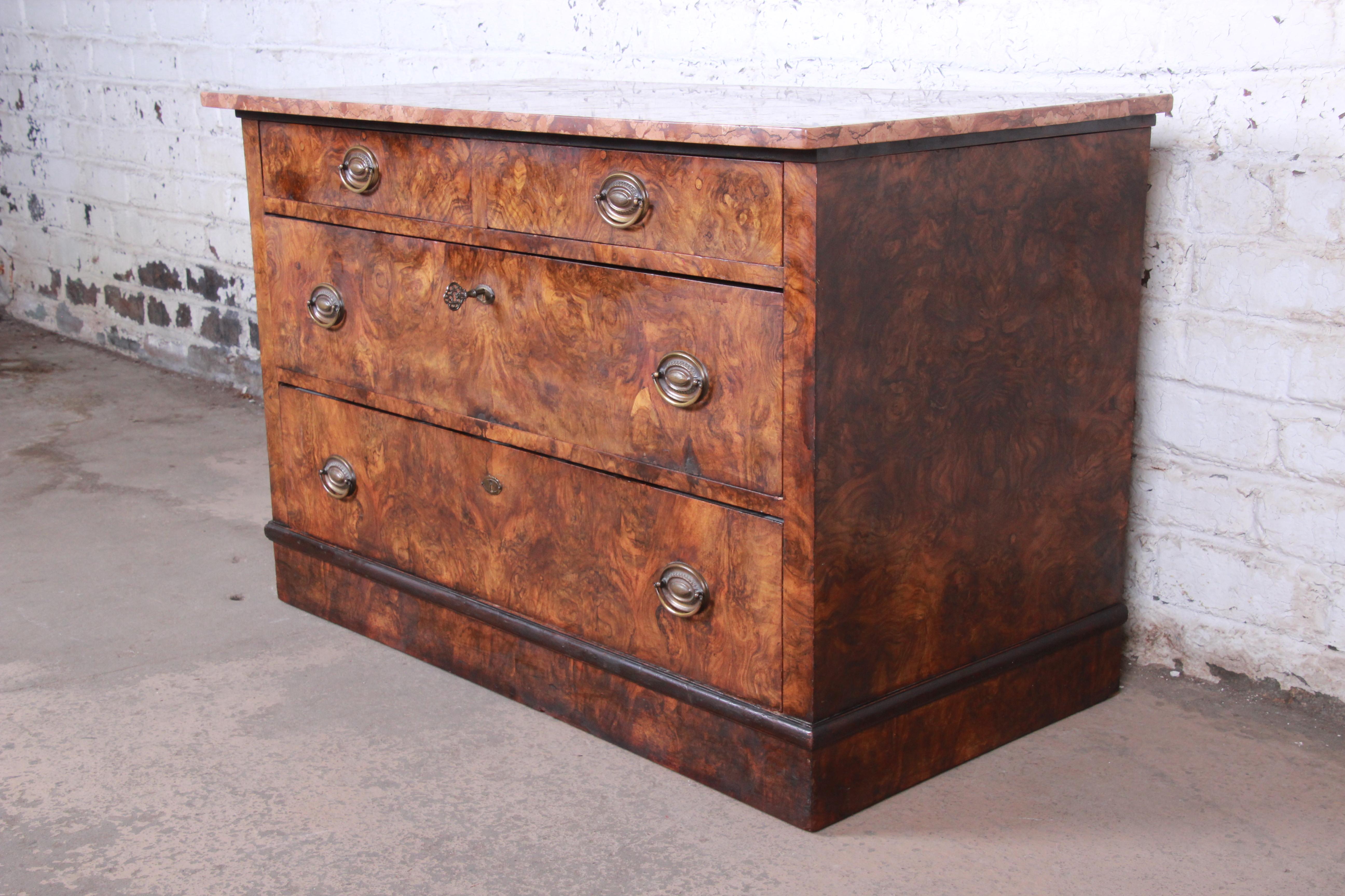 American 19th Century Burled Walnut Marble Top Commode or Chest of Drawers