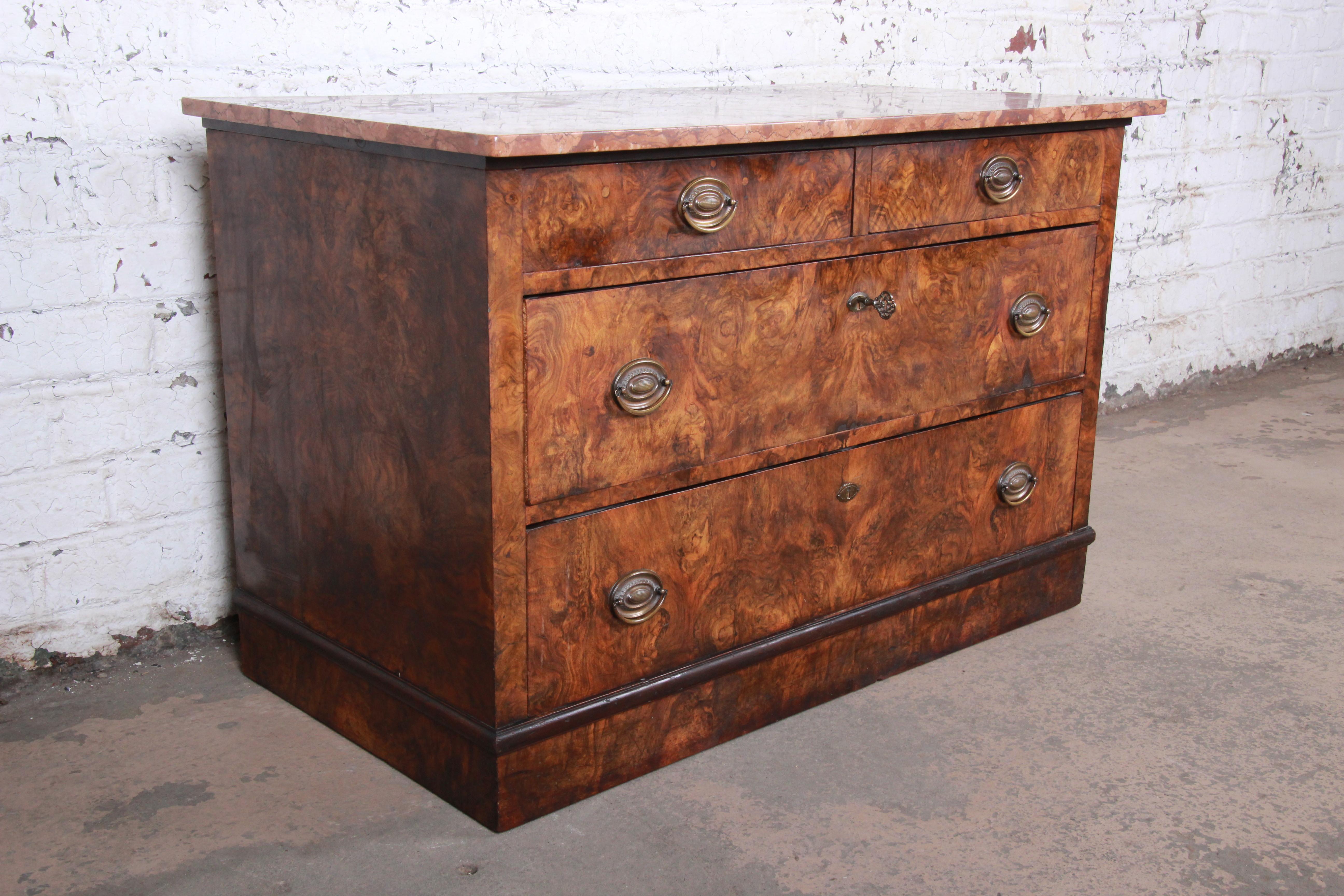 19th Century Burled Walnut Marble Top Commode or Chest of Drawers In Good Condition In South Bend, IN
