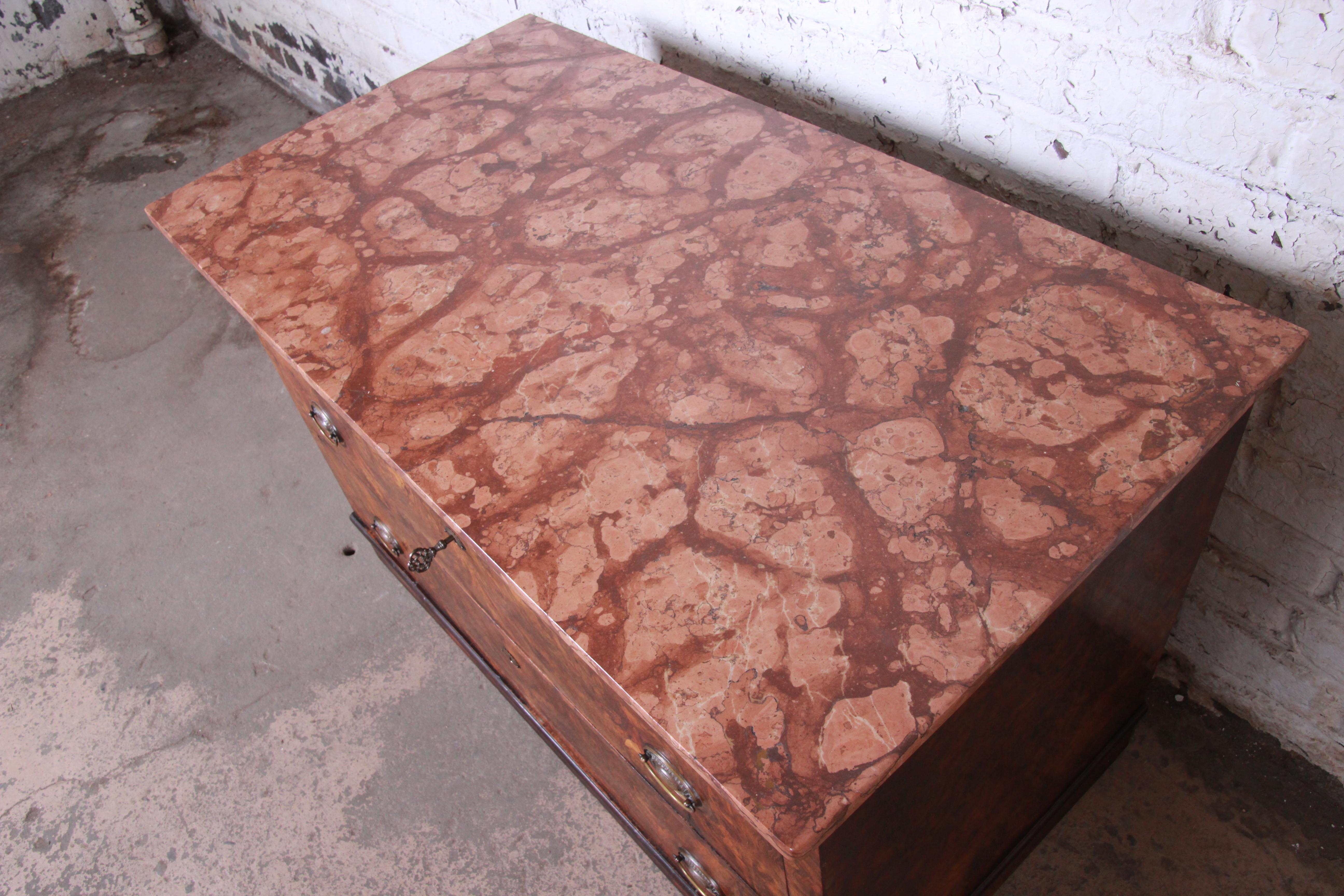 Brass 19th Century Burled Walnut Marble Top Commode or Chest of Drawers