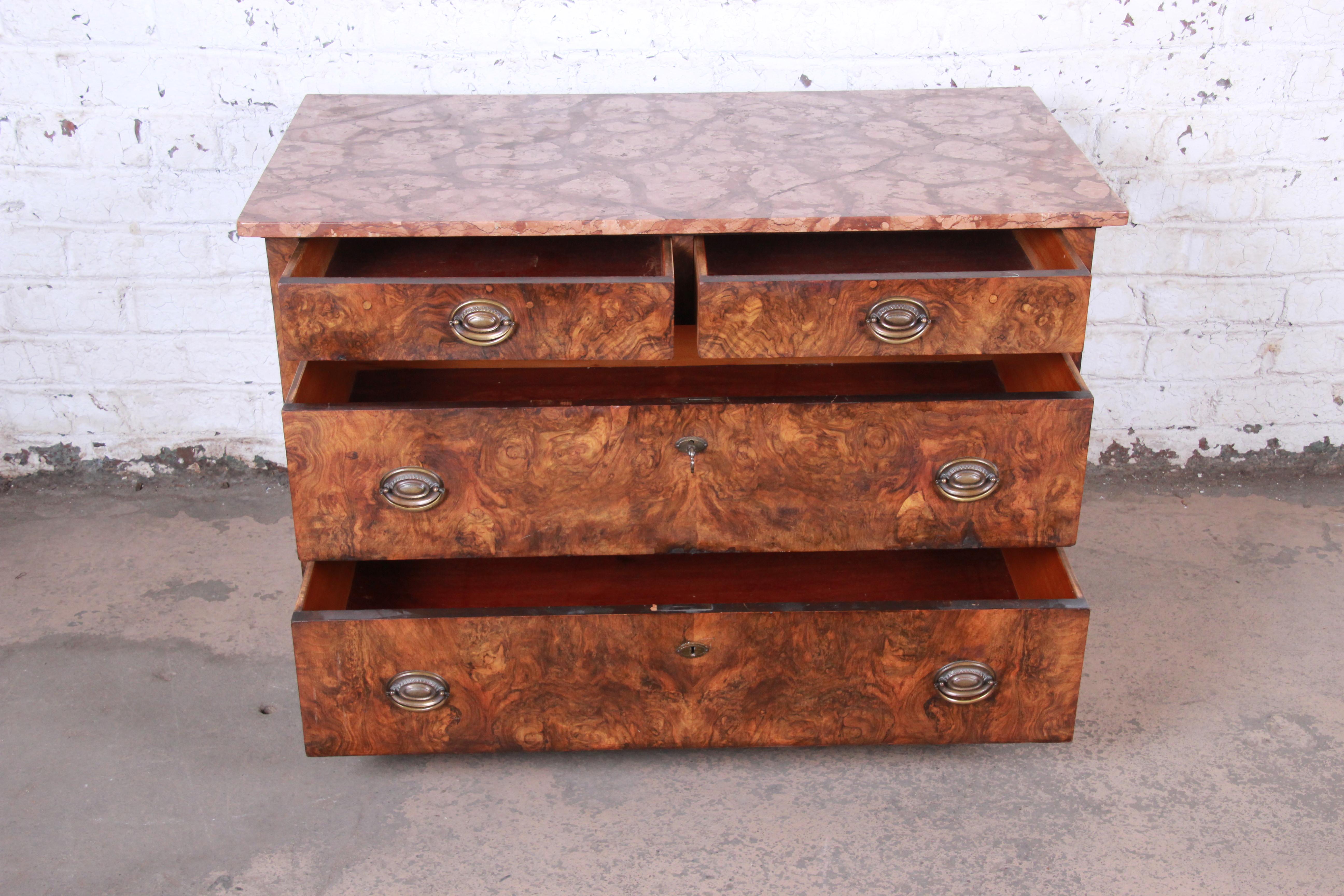 19th Century Burled Walnut Marble Top Commode or Chest of Drawers 3