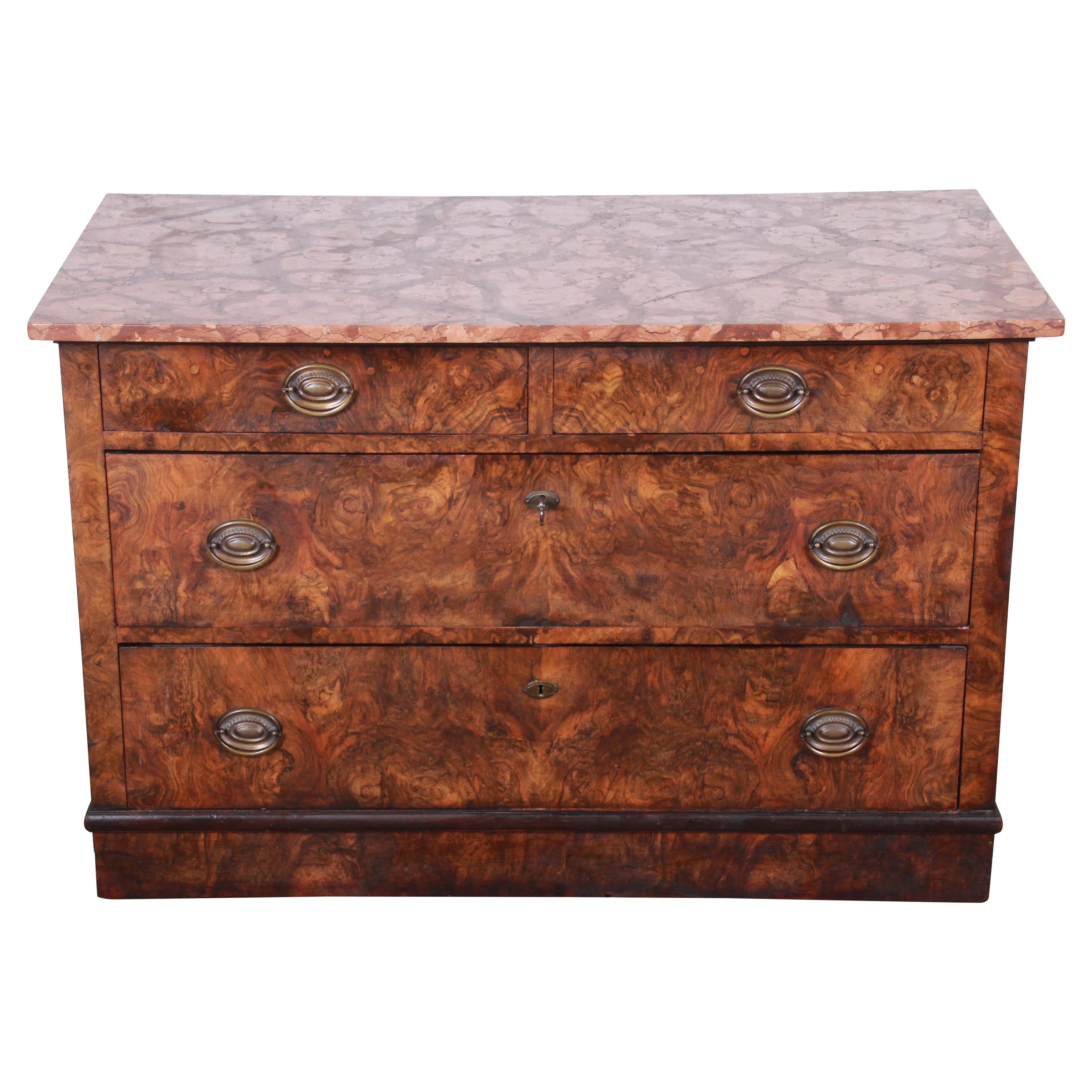 19th Century Burled Walnut Marble Top Commode or Chest of Drawers
