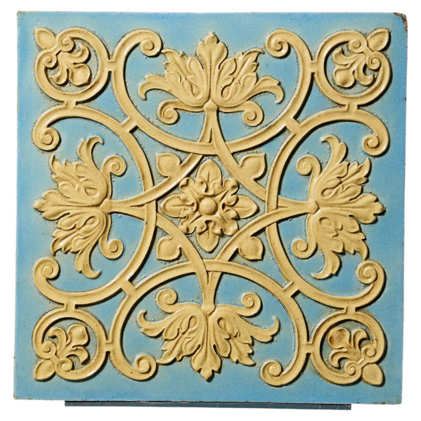 19th Century Burmantofts of Leeds Ornamental Floral Scrollwork Large Scale Tile