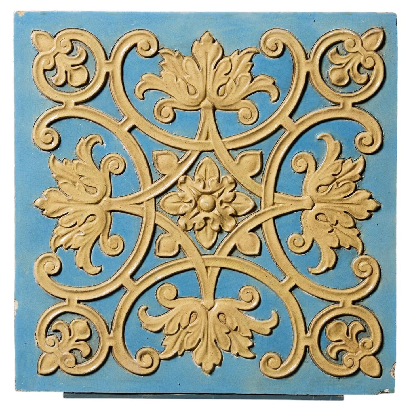 19th Century Burmantofts of Leeds Ornamental Floral Scrollwork Large Scale Tile For Sale