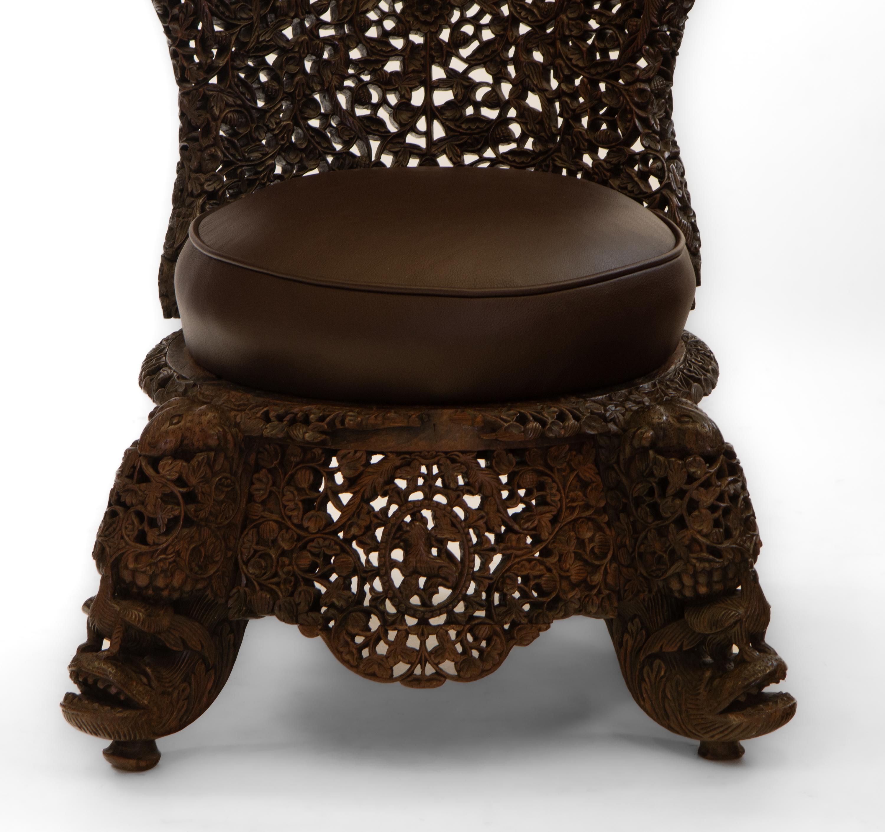 Anglo-Indian 19th Century Burmese Anglo Indian Carved High Back Side Chair For Sale