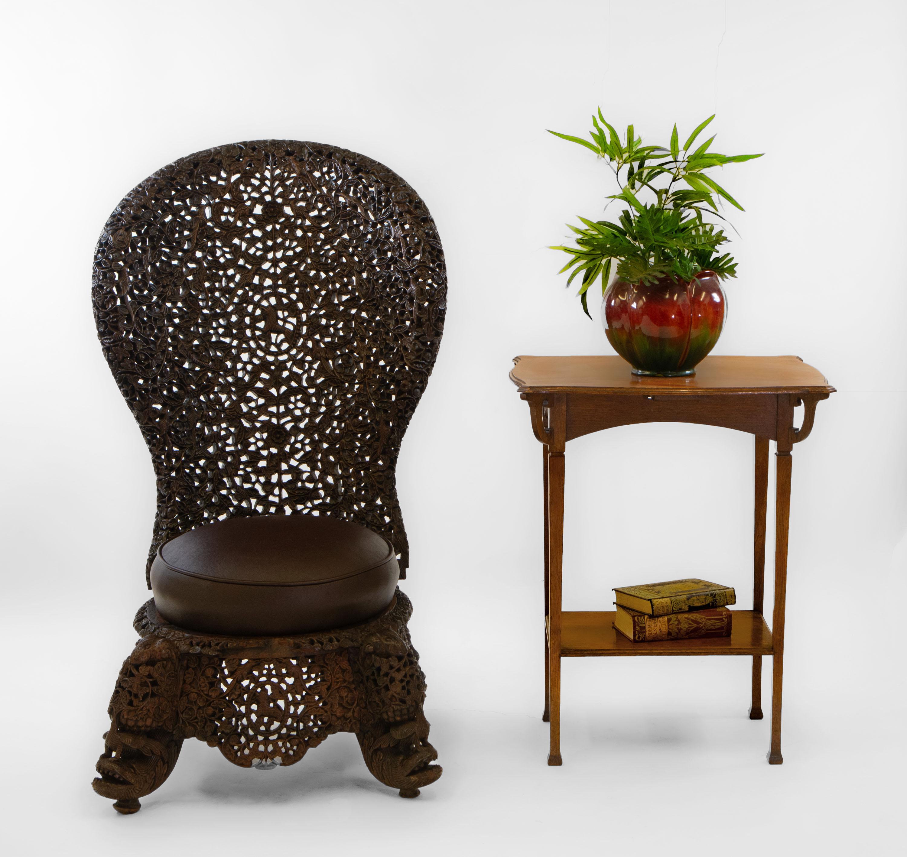 Leather 19th Century Burmese Anglo Indian Carved High Back Side Chair For Sale