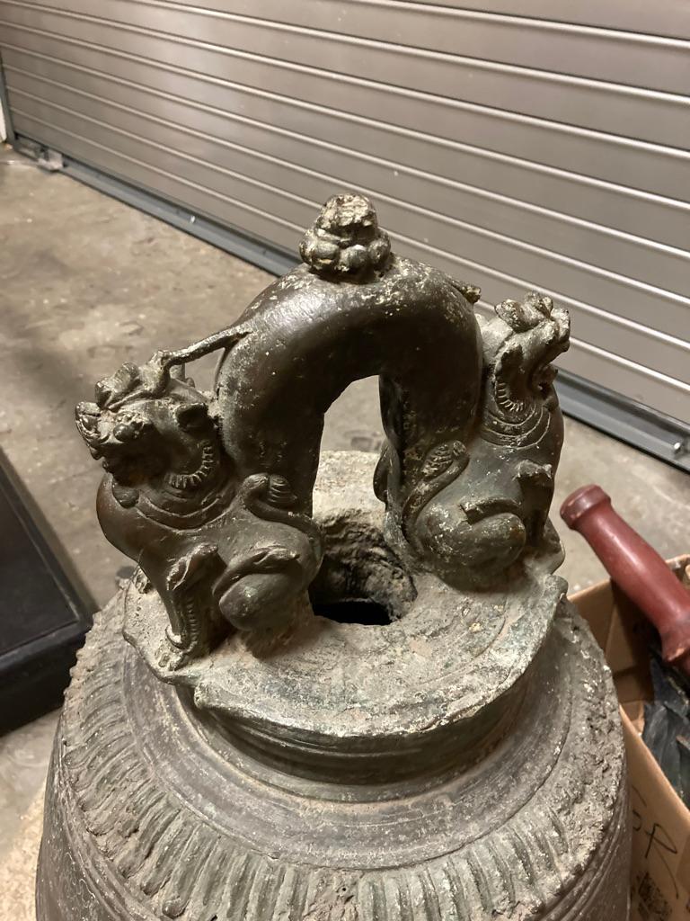Carved 19th Century Burmese Bronze Temple Bell with Stand For Sale