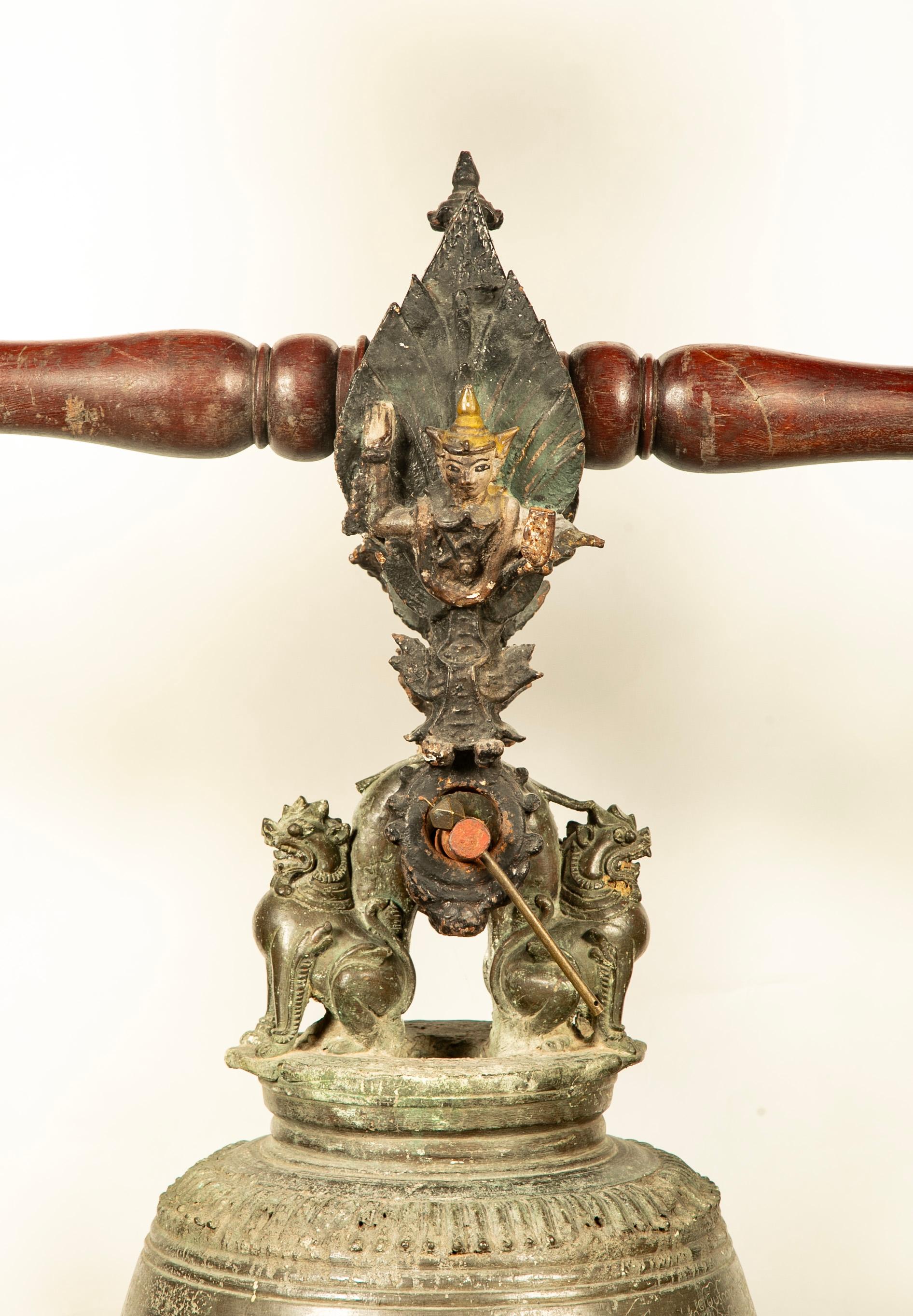 Carved 19th Century Burmese Bronze Temple Bell with Hardwood Stand, Large Scale For Sale