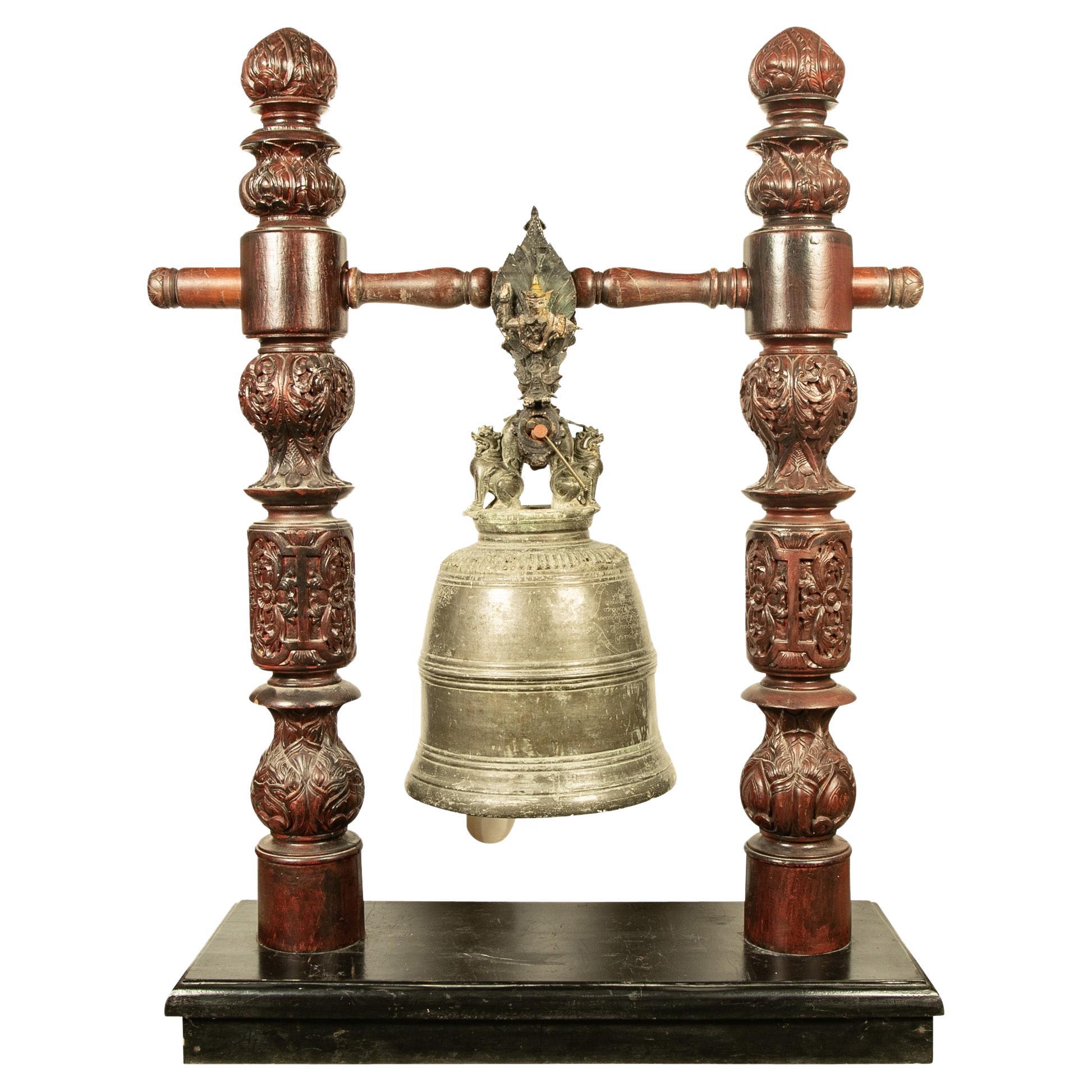 19th Century Burmese Bronze Temple Bell with Hardwood Stand, Large Scale