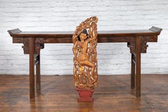 19th Century Burmese Carved Giltwood Fragment Depicting a Dancer with Foliage