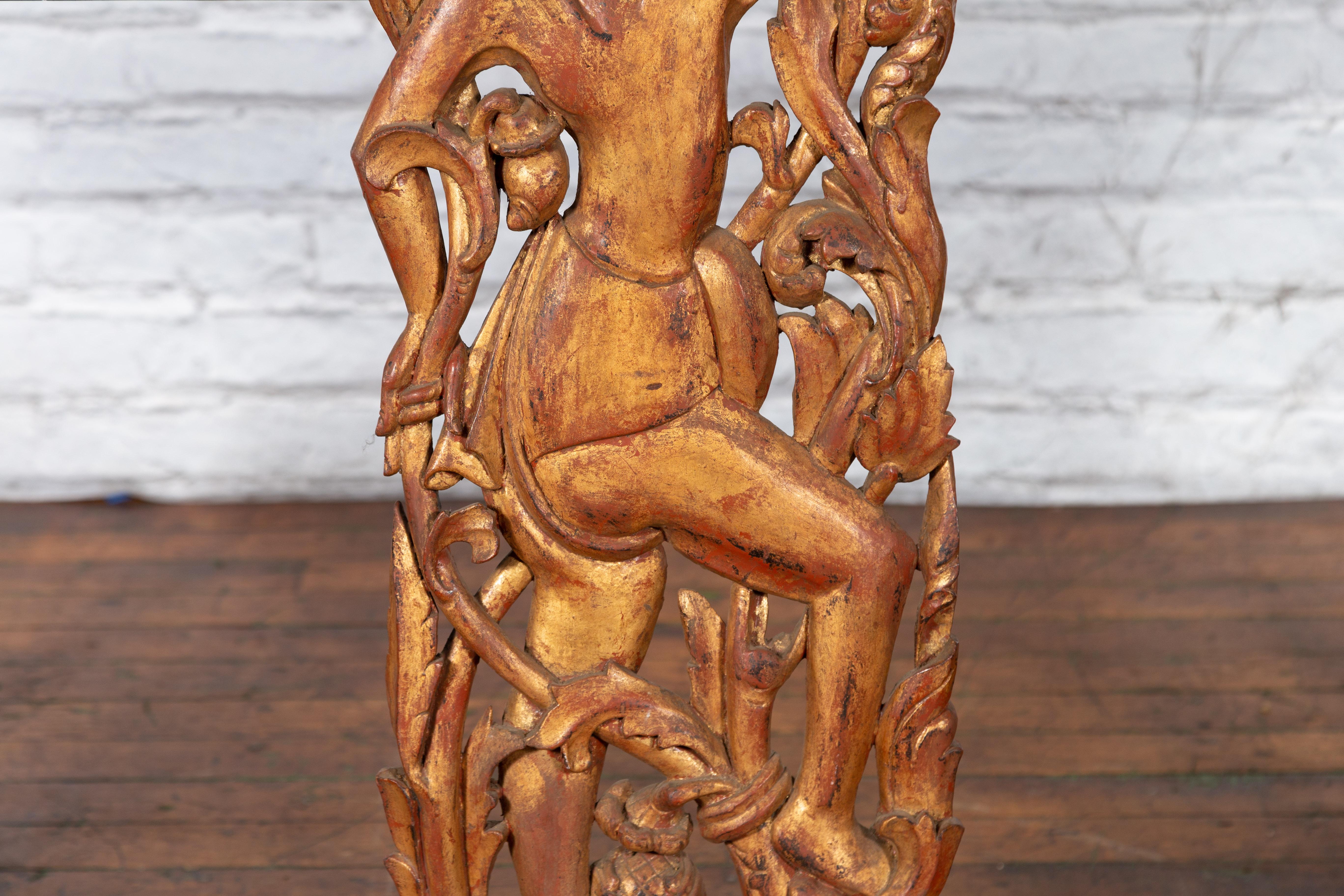 19th Century Burmese Carved Giltwood Fragment Depicting a Dancer with Foliage For Sale 1