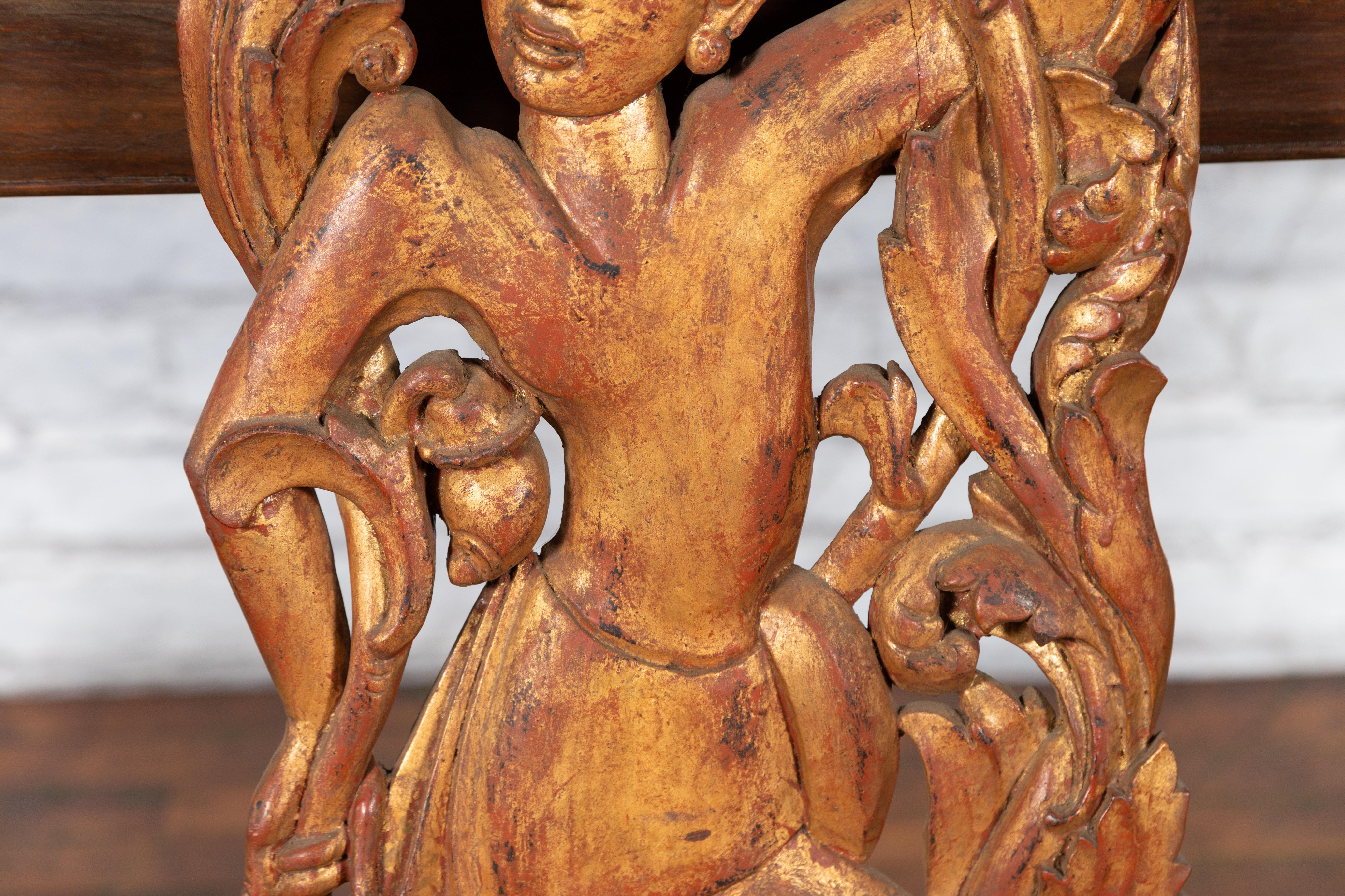 19th Century Burmese Carved Giltwood Fragment Depicting a Dancer with Foliage For Sale 4