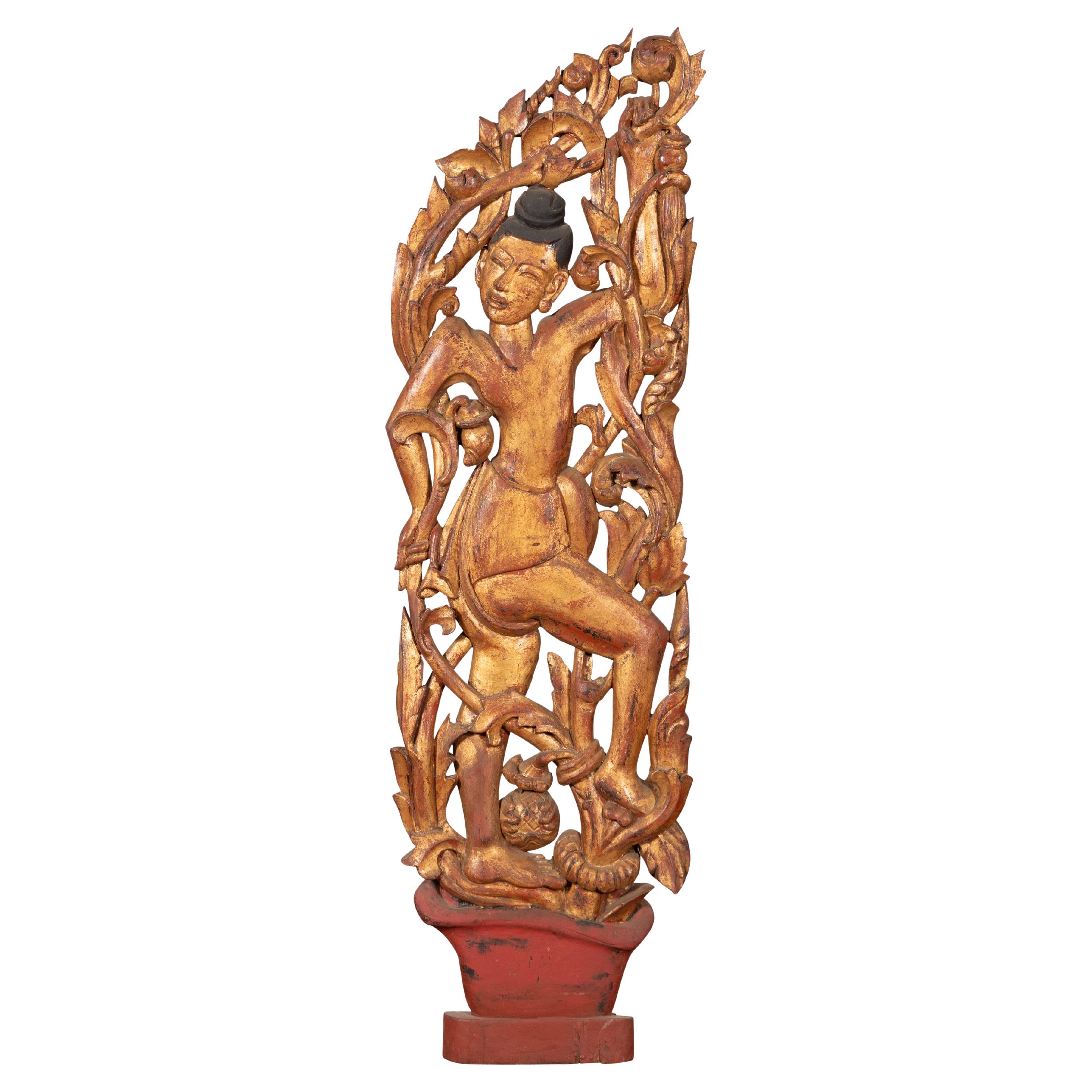 19th Century Burmese Carved Giltwood Fragment Depicting a Dancer with Foliage For Sale