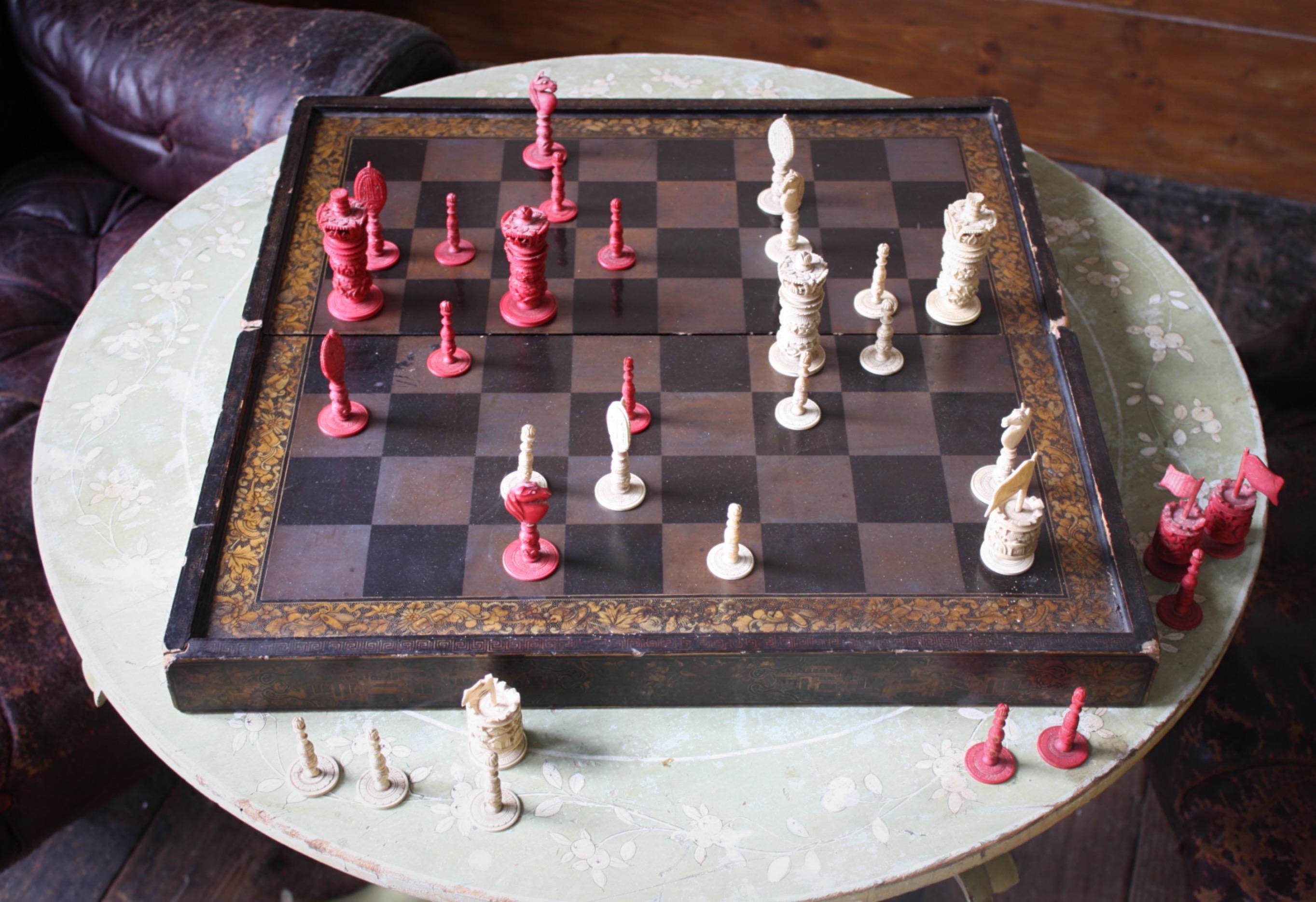 19th Century Burmese Chess Set & Chinese Export Gilt & Lacquered Board 8