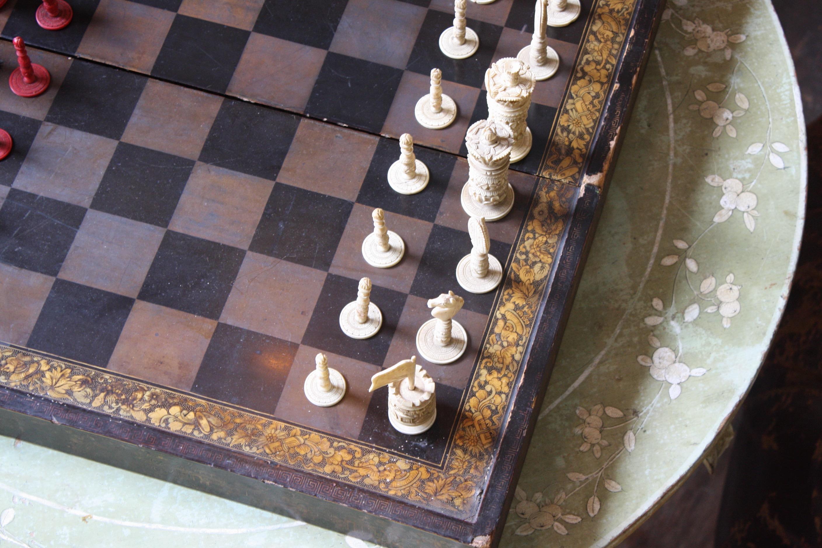 Hand-Carved 19th Century Burmese Chess Set & Chinese Export Gilt & Lacquered Board