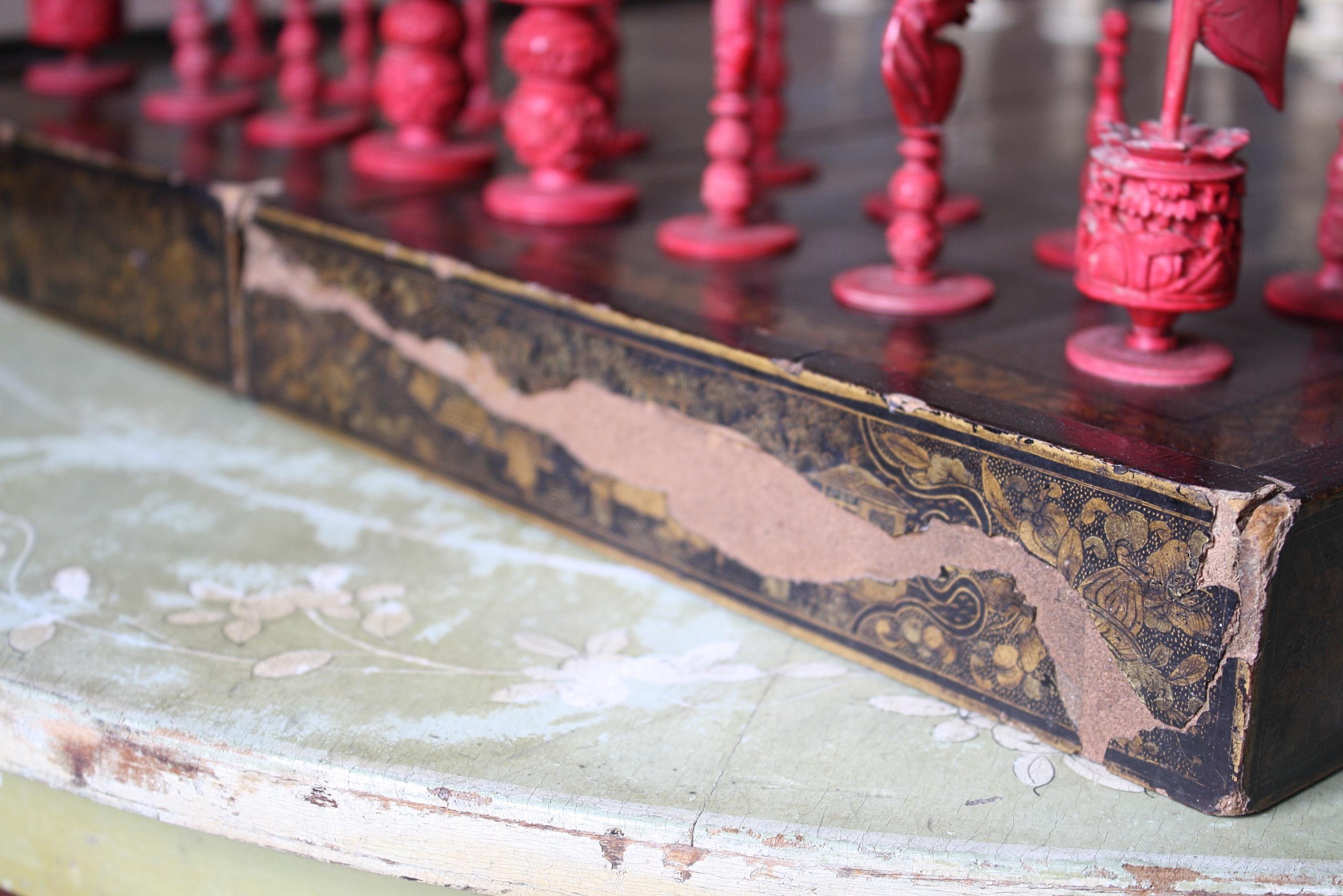 19th Century Burmese Chess Set & Chinese Export Gilt & Lacquered Board 2