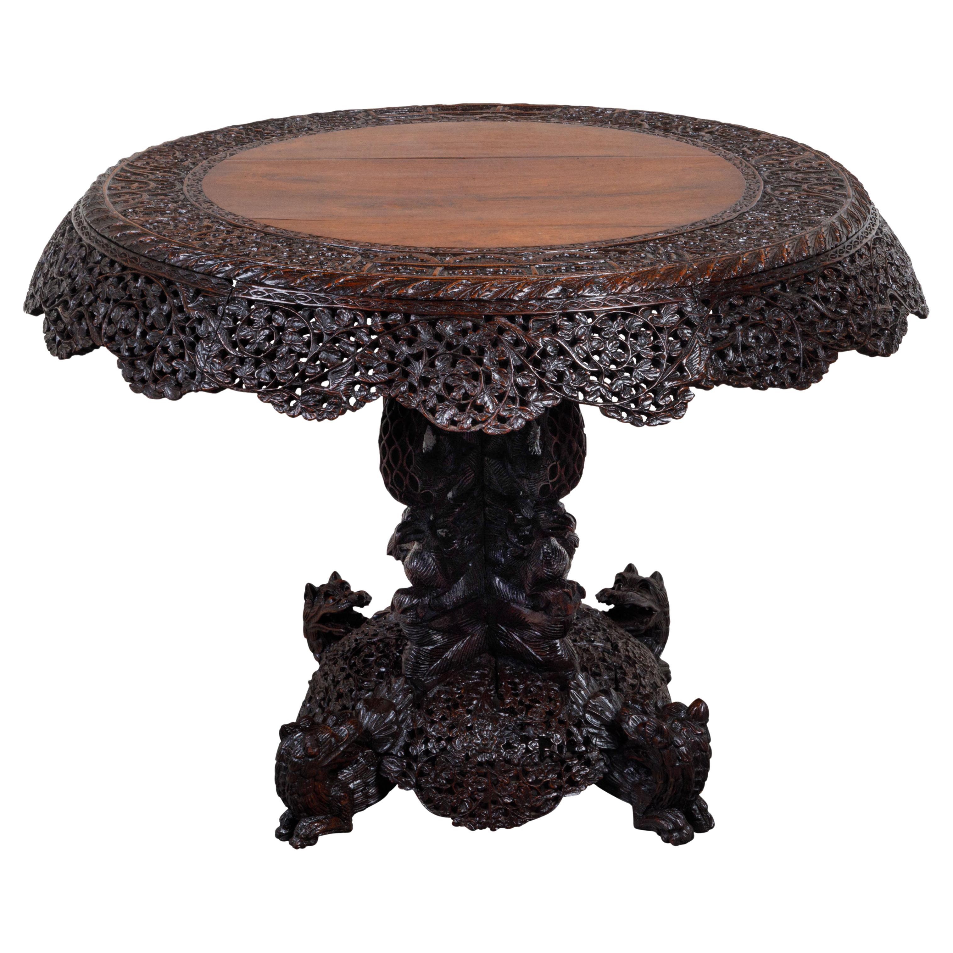 19th Century Burmese Hand-Carved Side Pedestal Table with Mythical Animals For Sale