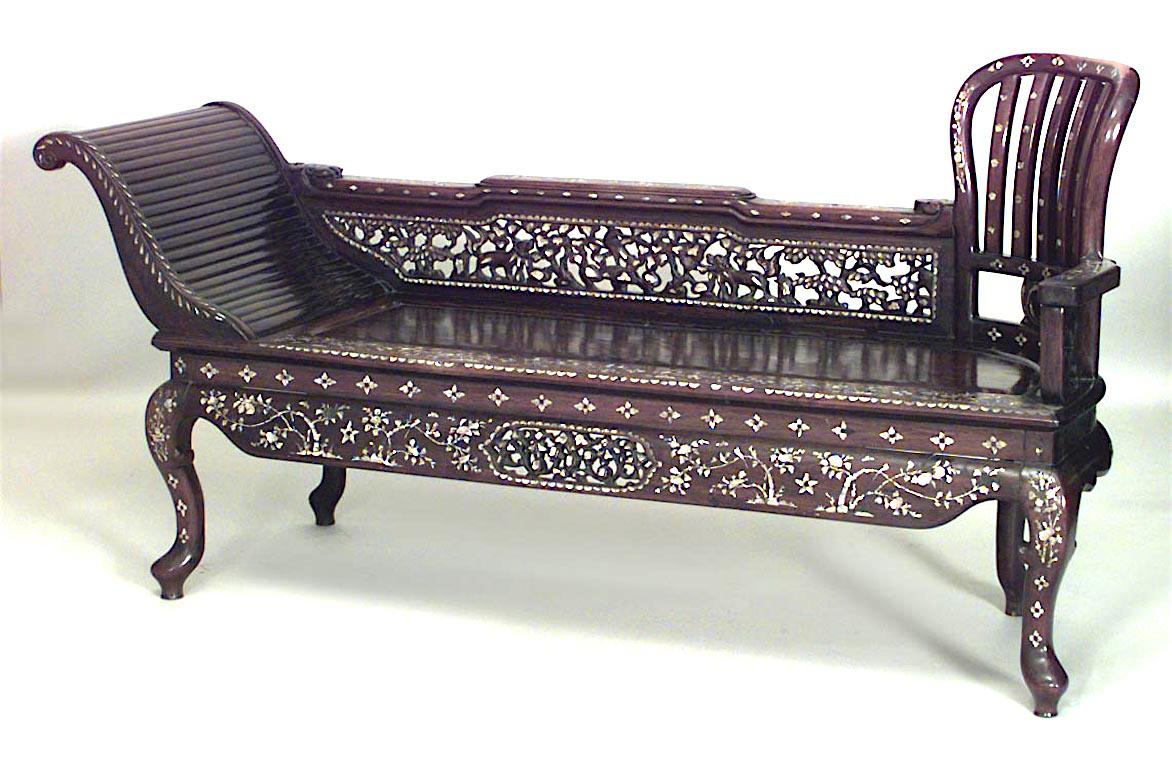 Asian Burmese-style (19th Century) rosewood and pearl inlaid r√©camier.
