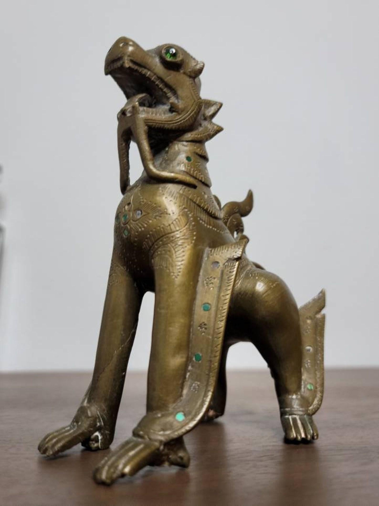 Asian 19th Century Burmese Jewel Inlaid Bronze Temple Guardian For Sale
