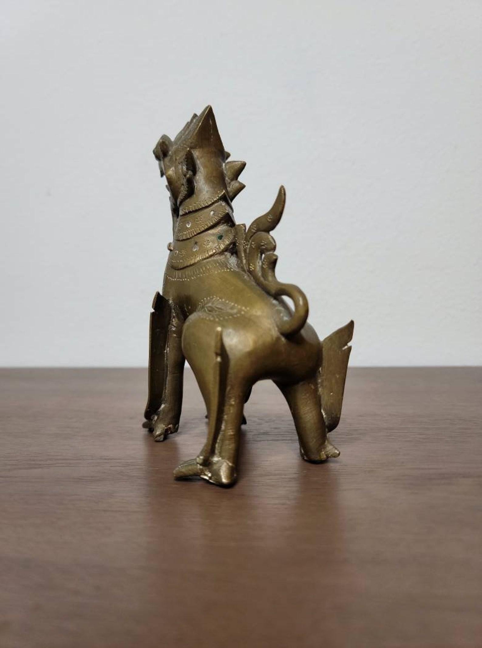 19th Century Burmese Jewel Inlaid Bronze Temple Guardian For Sale 1