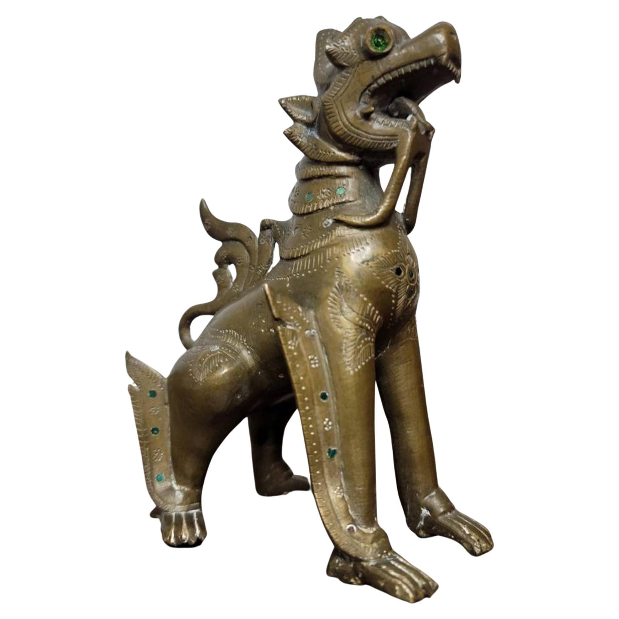 19th Century Burmese Jewel Inlaid Bronze Temple Guardian For Sale