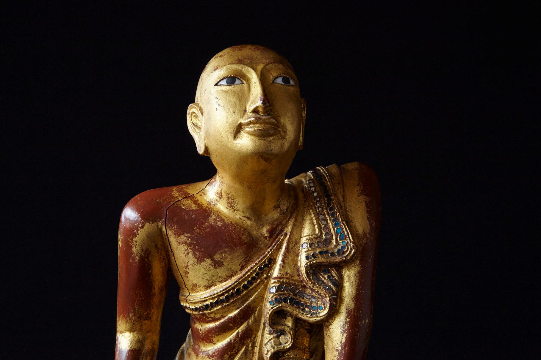19th Century Burmese Kneeling Buddhist Monk Gilded Wood Temple Figure 3