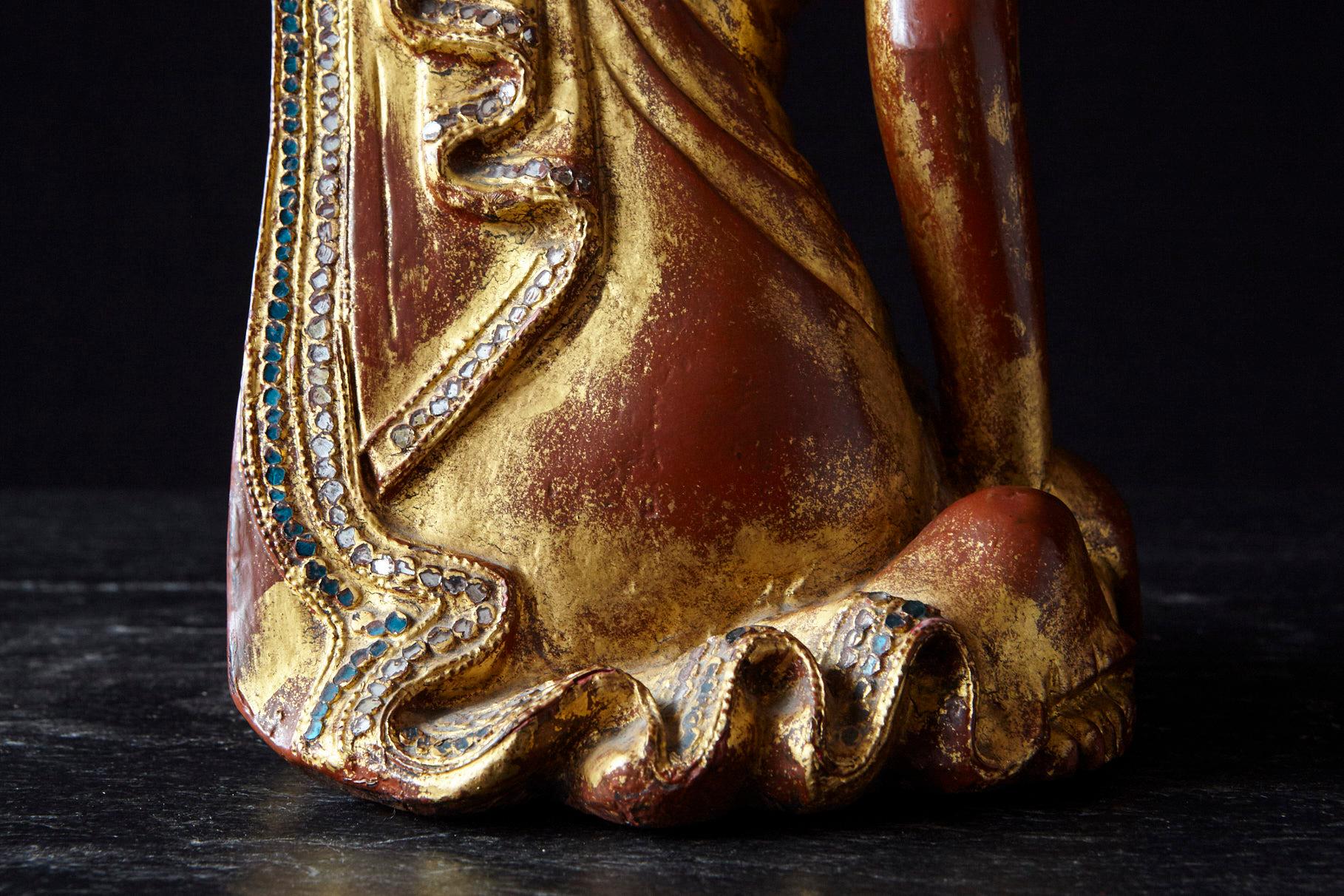 19th Century Burmese Kneeling Buddhist Monk Gilded Wood Temple Figure 7