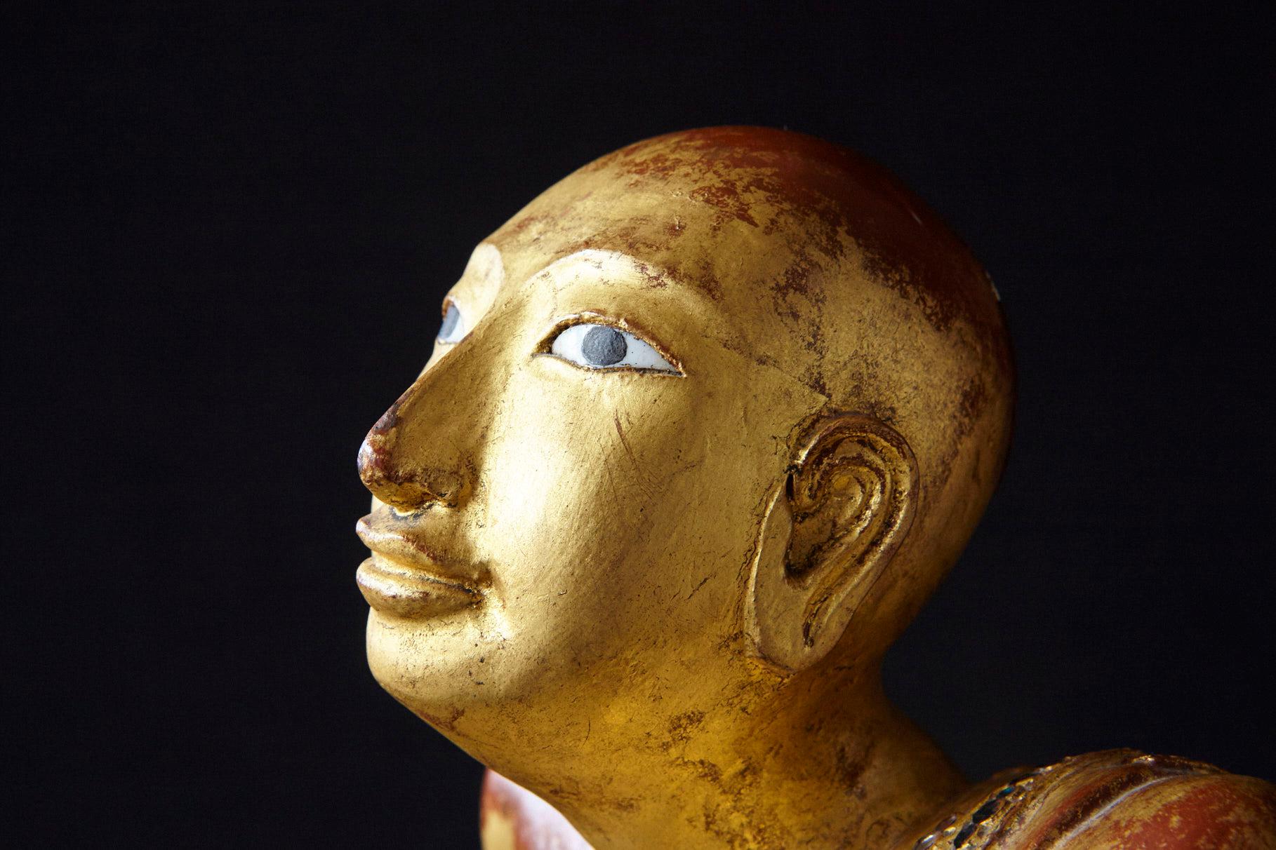 19th Century Burmese Kneeling Buddhist Monk Gilded Wood Temple Figure 10