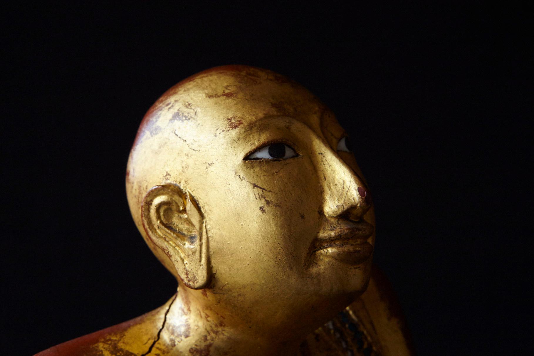 19th Century Burmese Kneeling Buddhist Monk Gilded Wood Temple Figure 11