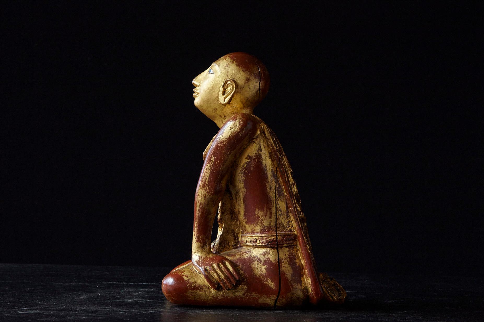 Hand-Carved 19th Century Burmese Kneeling Buddhist Monk Gilded Wood Temple Figure