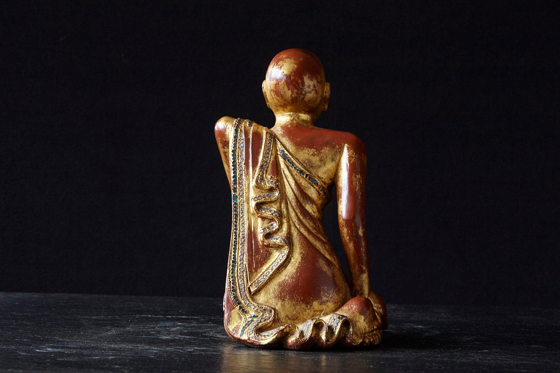Glass 19th Century Burmese Kneeling Buddhist Monk Gilded Wood Temple Figure