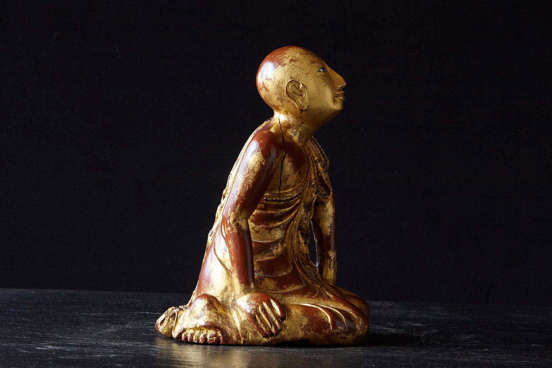 19th Century Burmese Kneeling Buddhist Monk Gilded Wood Temple Figure 1
