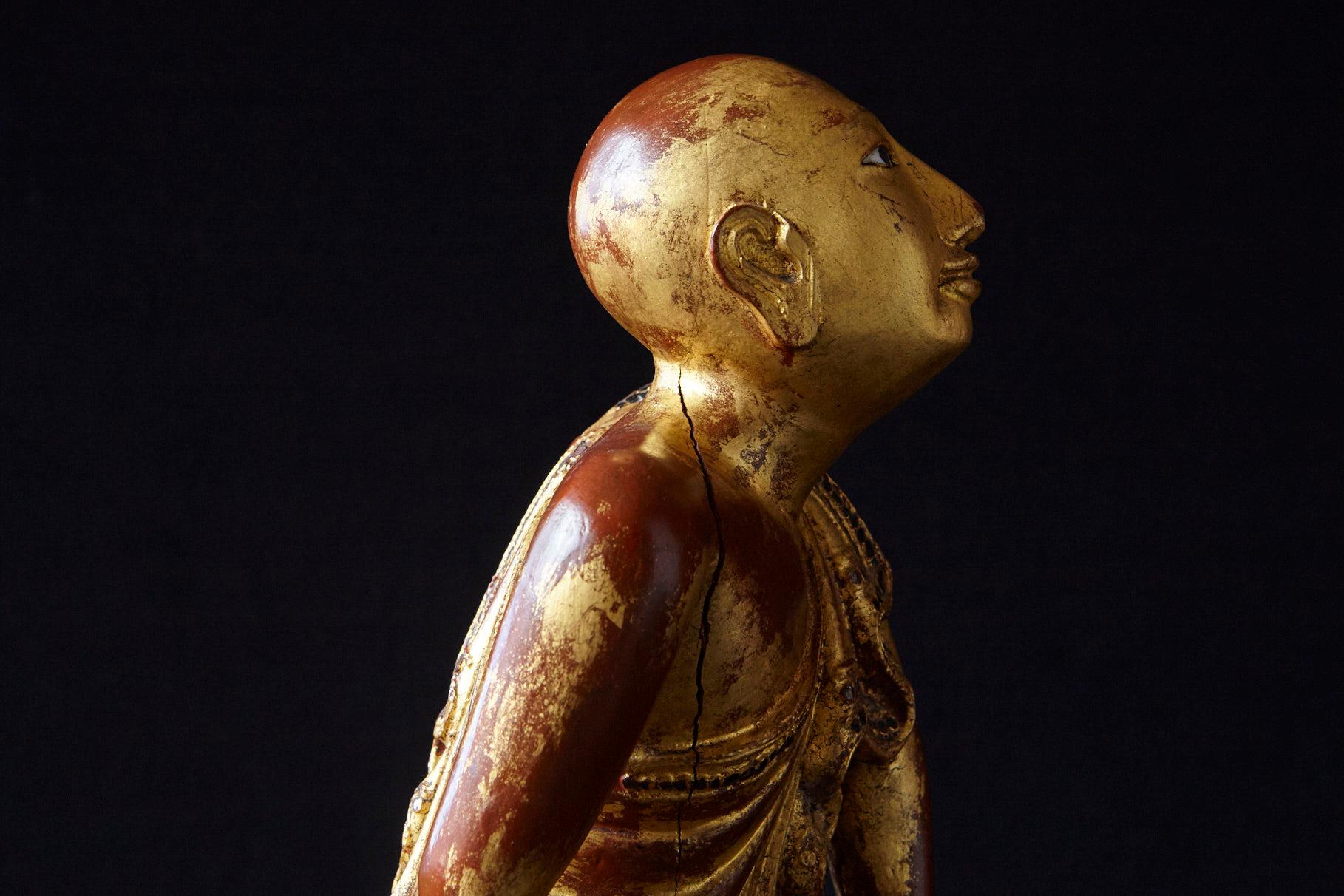 19th Century Burmese Kneeling Buddhist Monk Gilded Wood Temple Figure 2