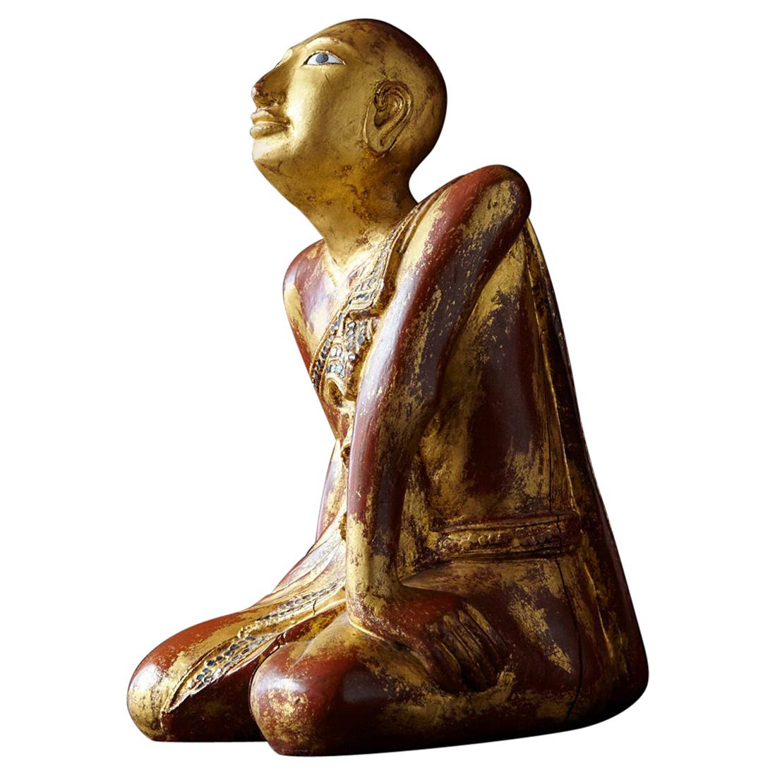 19th Century Burmese Kneeling Buddhist Monk Gilded Wood Temple Figure