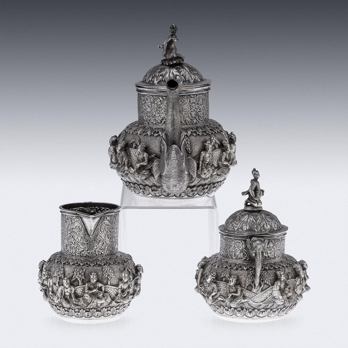 19th Century Burmese (Myanmar) Solid Silver Tea Set, Peacock, c.1890 In Good Condition For Sale In Royal Tunbridge Wells, Kent
