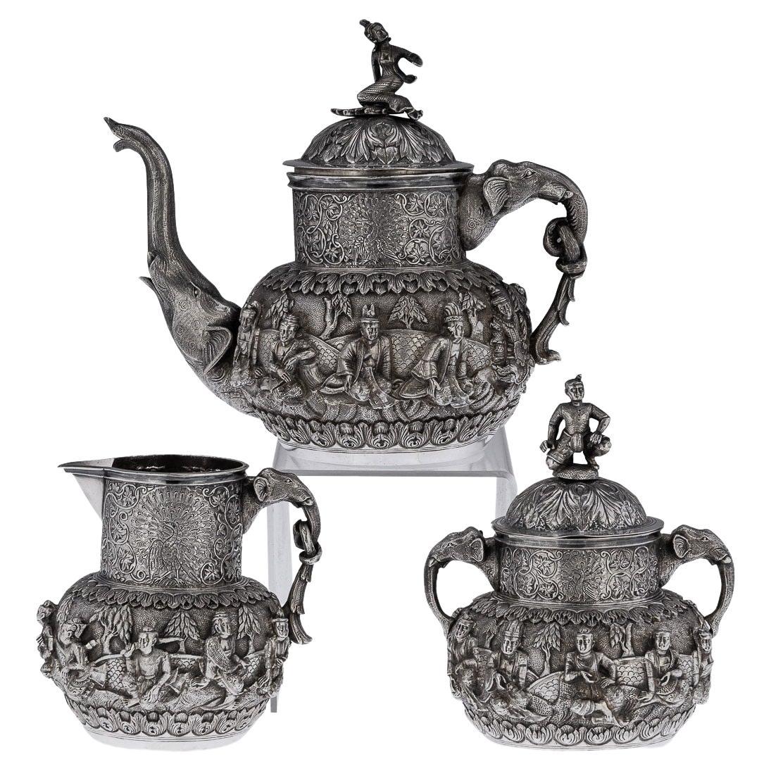 19th Century Burmese (Myanmar) Solid Silver Tea Set, Peacock, c.1890