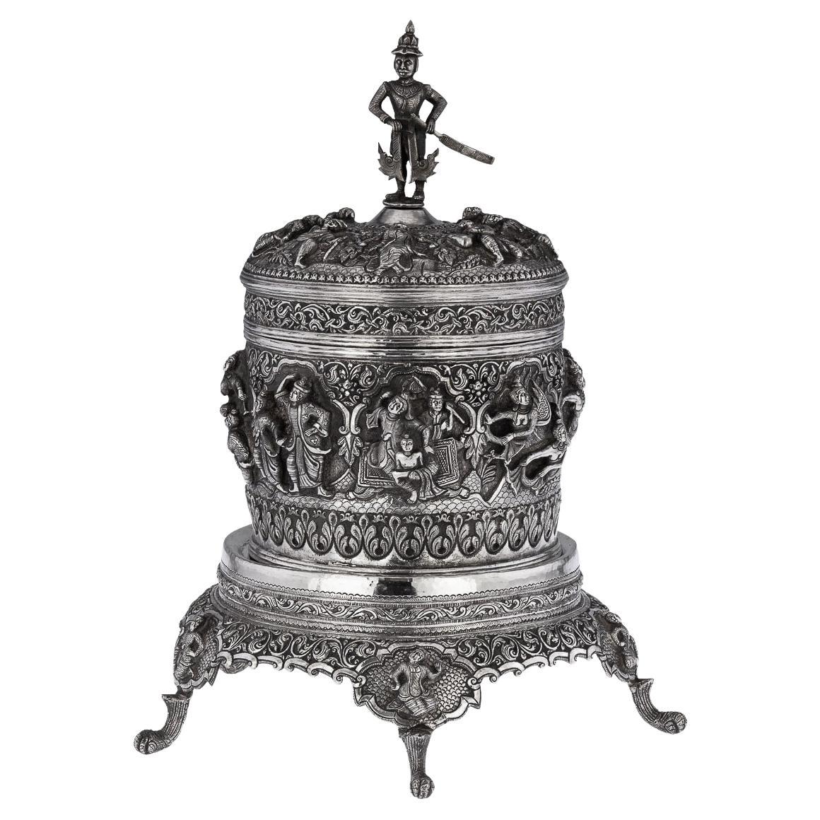 19th Century Burmese Solid Silver Betel Box On Stand, Rangoon, c.1890 For Sale