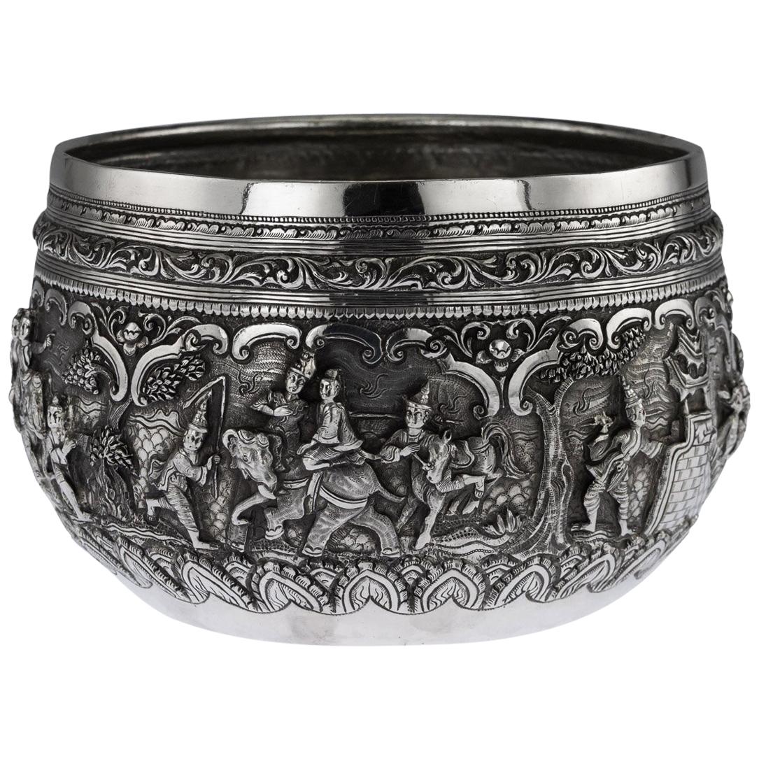 19th Century Burmese Solid Silver Thabeik Bowl, Myanmar, Peacock Mark circa 1890