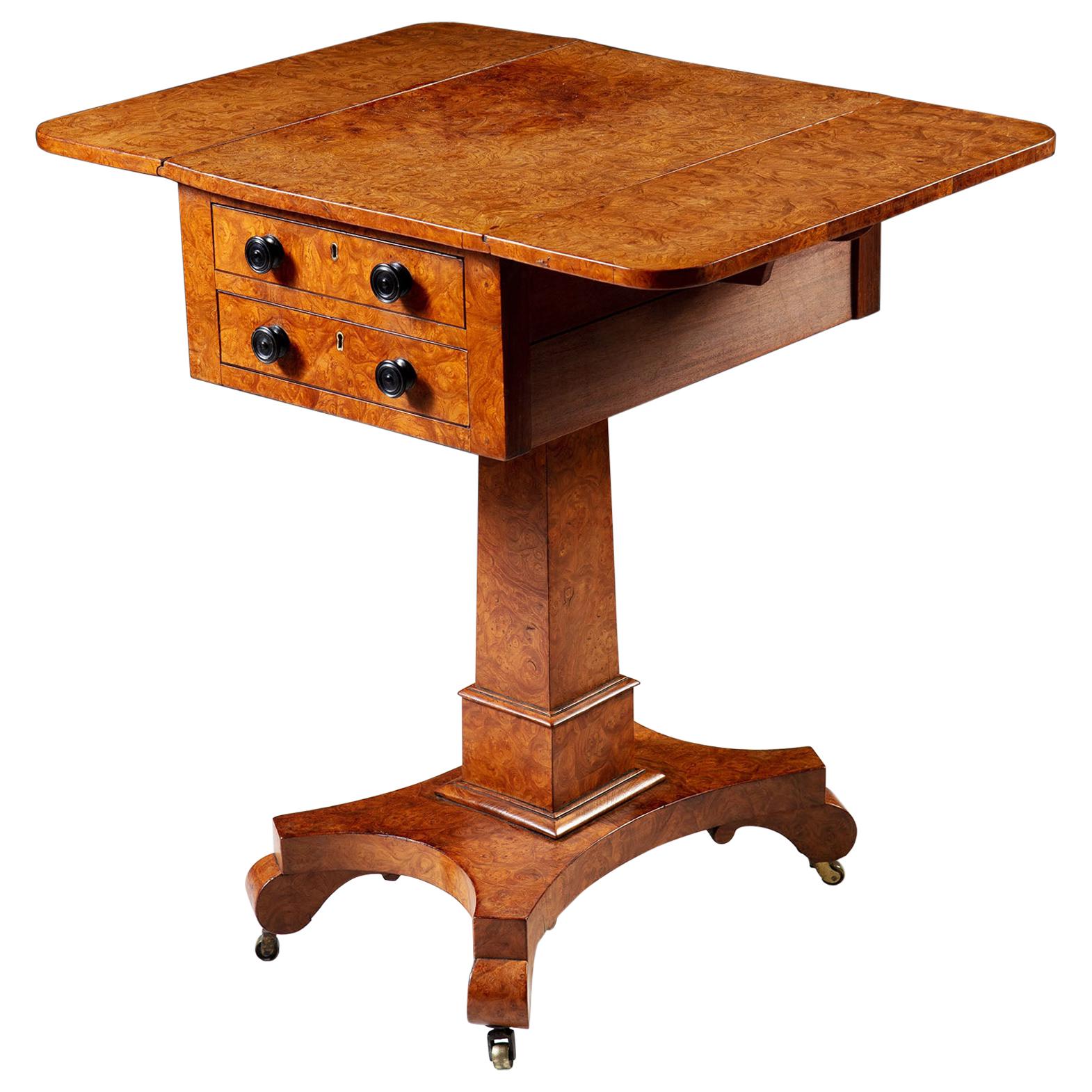 19th Century Burr Ashwood Work Table with Drop Leaf Sides and Drawers