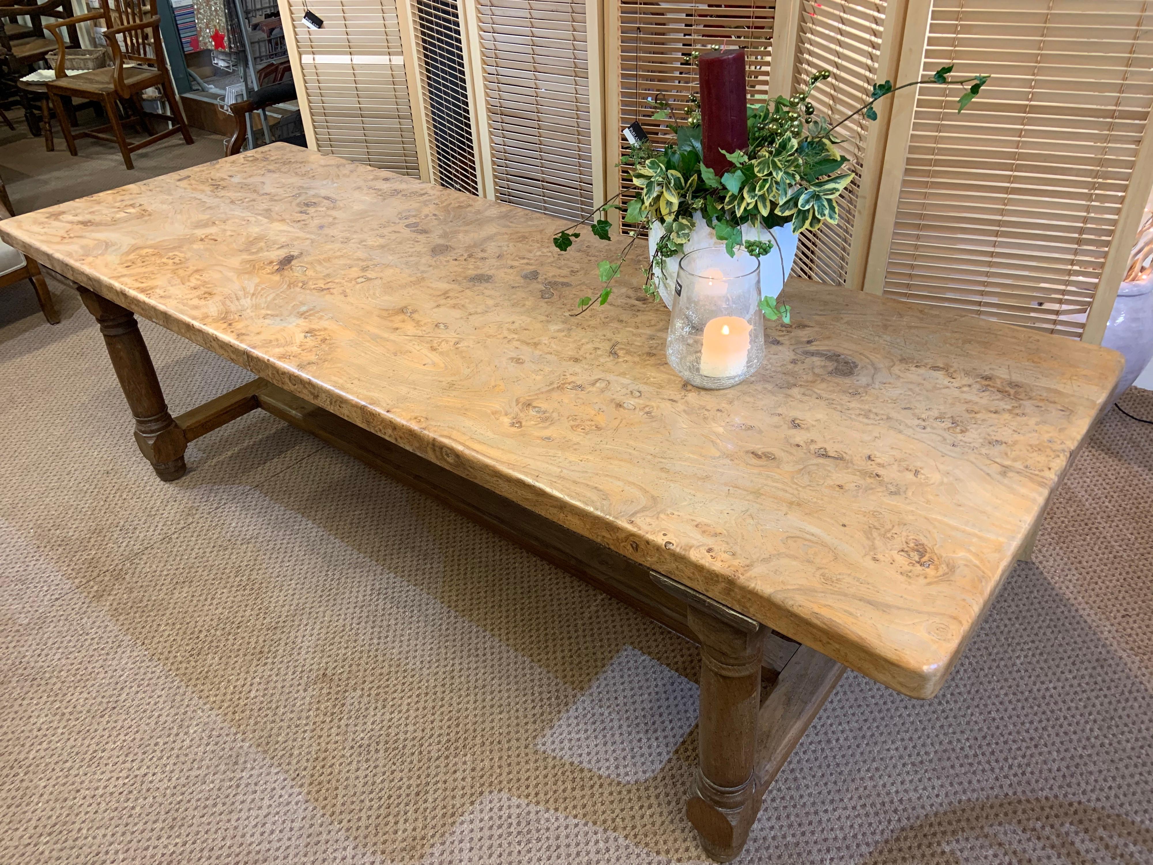 French Provincial  Burr Elm Farmhouse Table with Round Legs and Stretcher