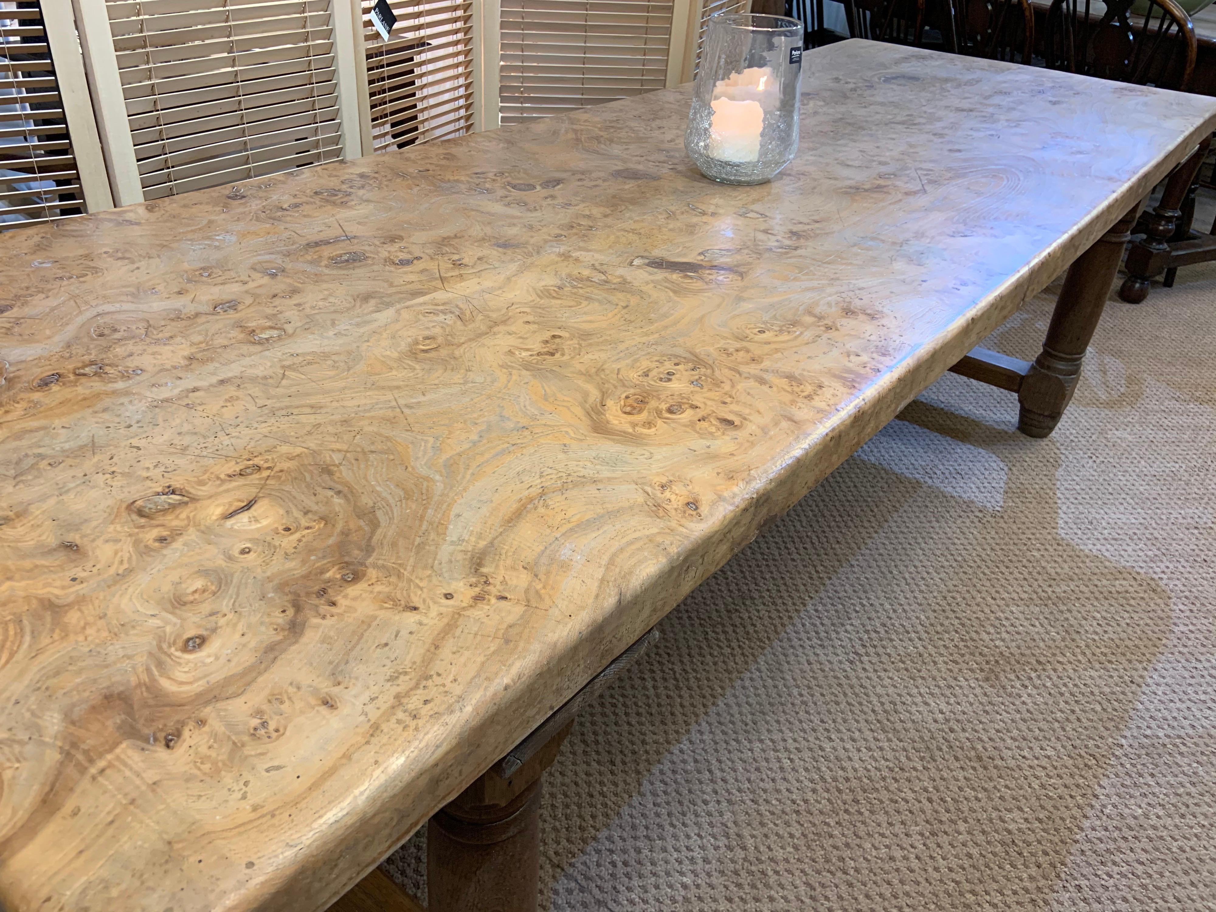 French  Burr Elm Farmhouse Table with Round Legs and Stretcher