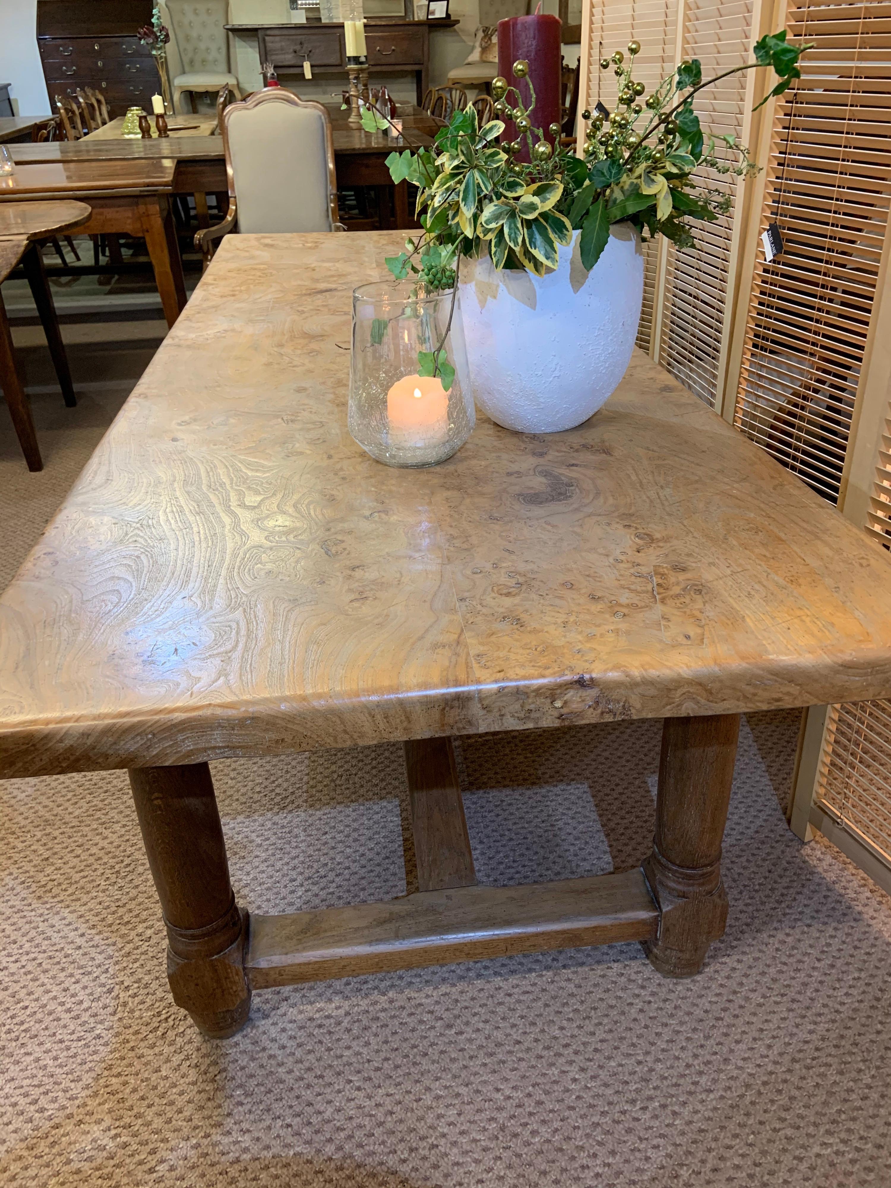20th Century  Burr Elm Farmhouse Table with Round Legs and Stretcher