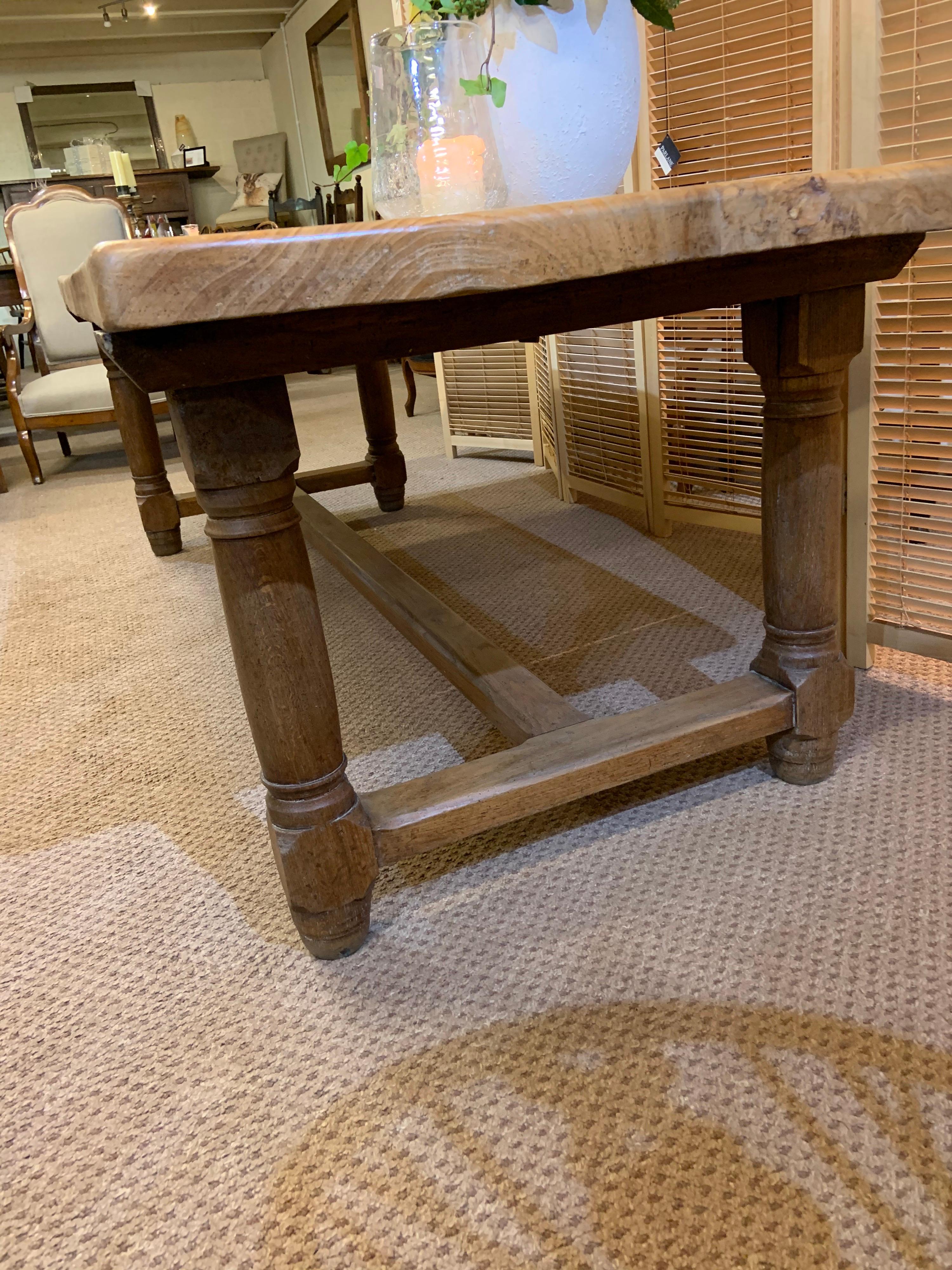  Burr Elm Farmhouse Table with Round Legs and Stretcher 1
