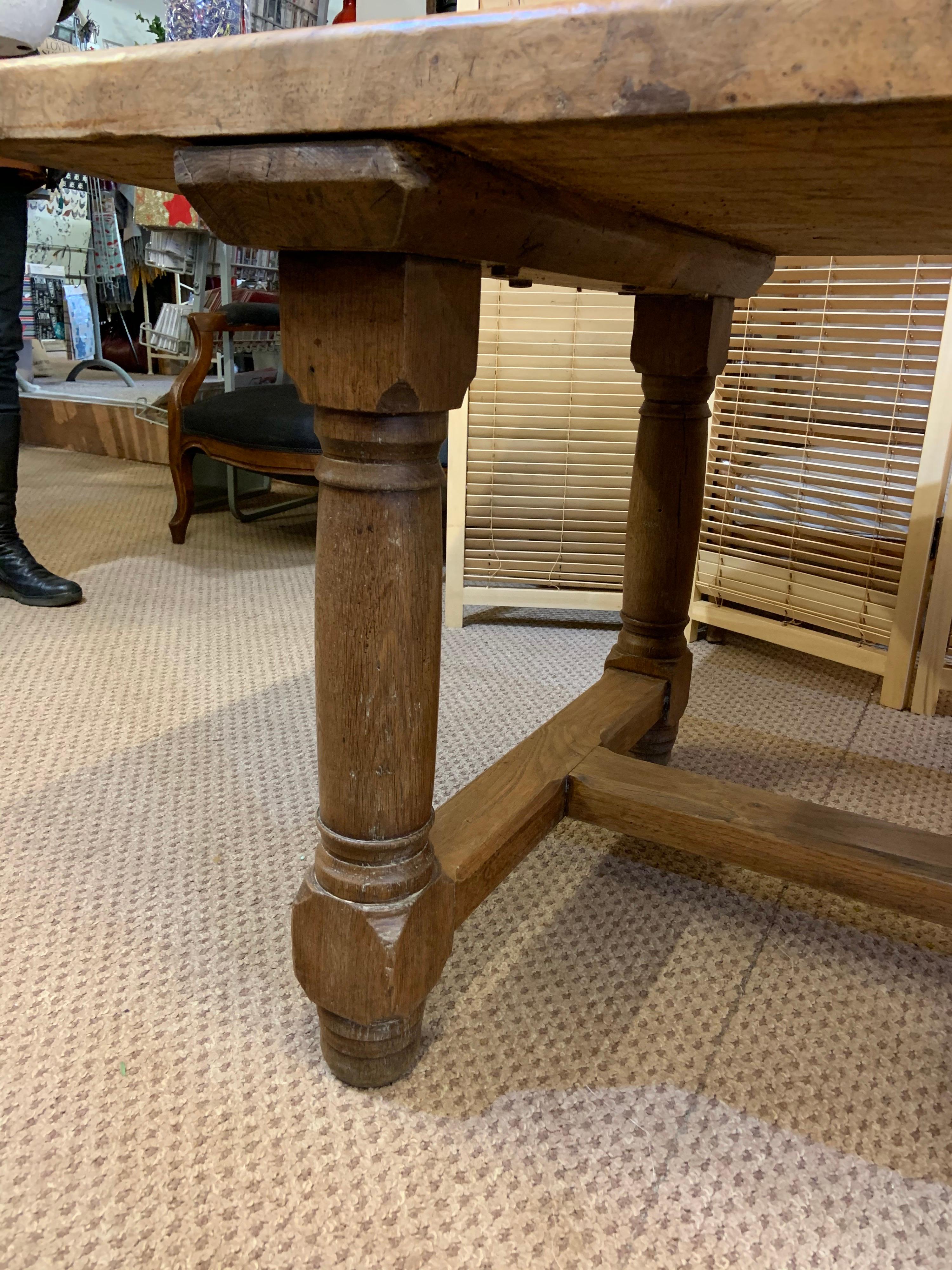  Burr Elm Farmhouse Table with Round Legs and Stretcher 2