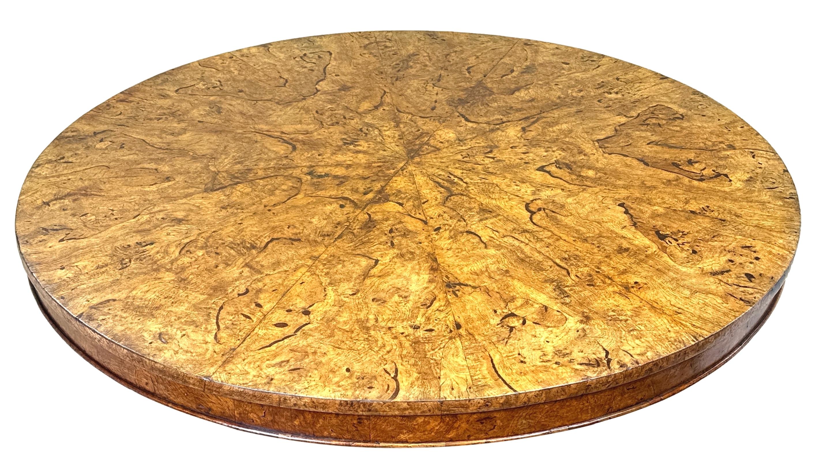 An Exceptionally Fine Quality 19th Century, William IV Period, Circular Centre Table, Having Superbly Figured Segmented Veneer Tilting Top, Raised On Revere Tapered Faceted Column With Lotus Carved Decoration To Bottom, Over Circular Platform Base