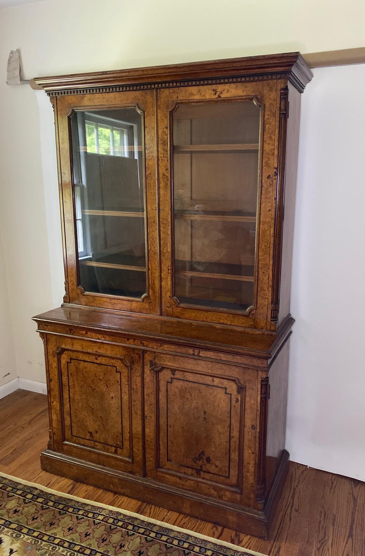 Hand-Carved 19th Century Burr Oak William IV Bookcase from England For Sale