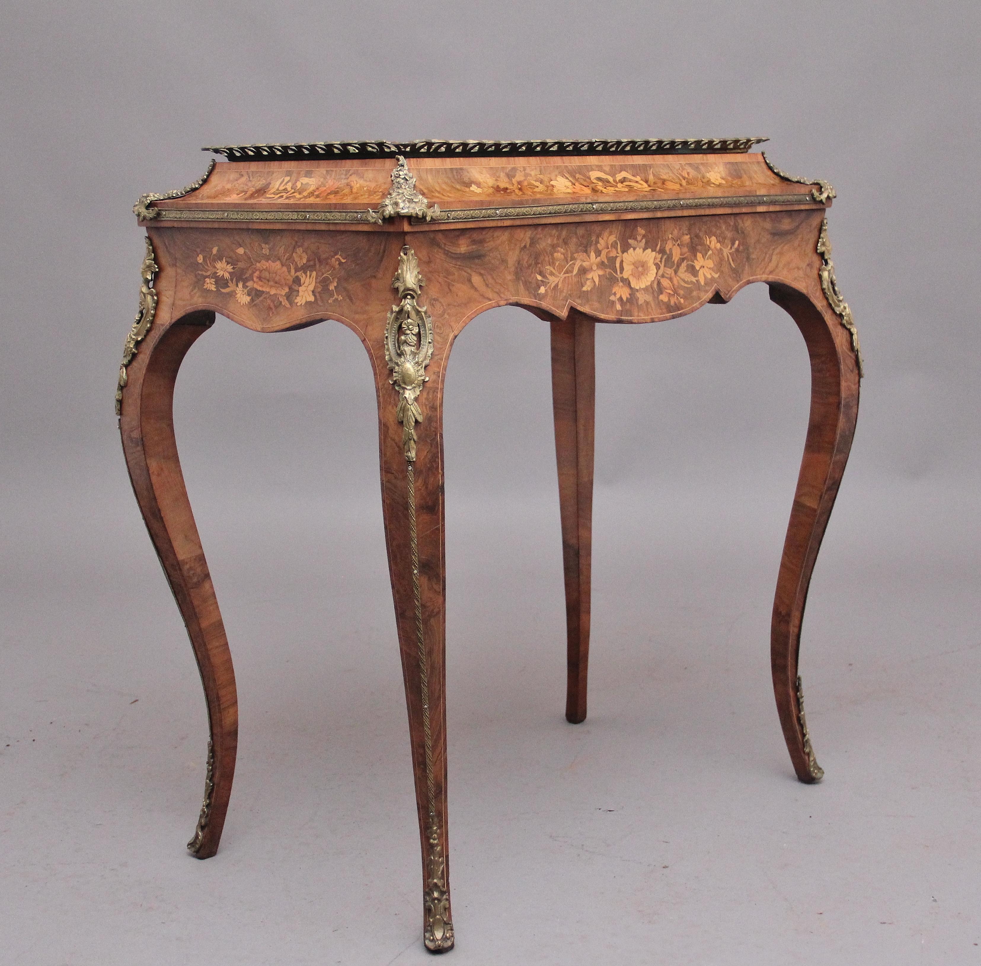A highly decorative and superb quality 19th Century freestanding burr walnut and marquetry jardiniere/planter/cooler, the rectangular lift up lid to reveal a metal liner inside, the top of the lid is crossbanded and has ormolu mounted handles,