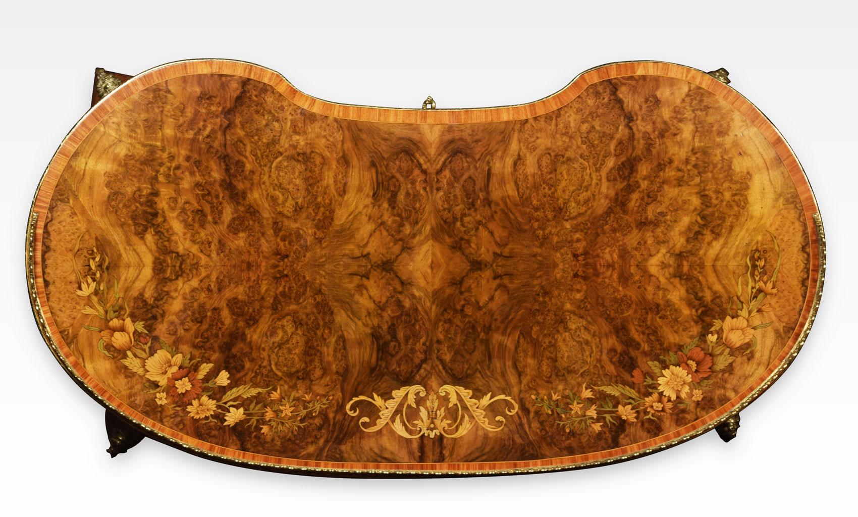 19th Century Burr Walnut and Marquetry Kidney Shaped Writing Table 6