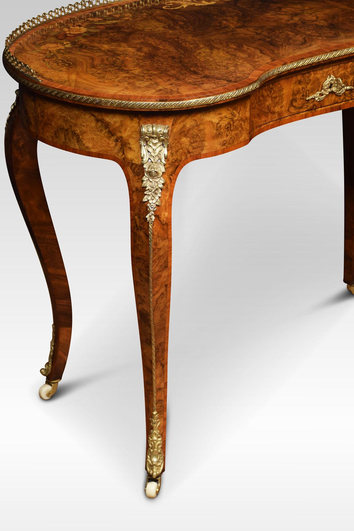 British 19th Century Burr Walnut and Marquetry Kidney Shaped Writing Table